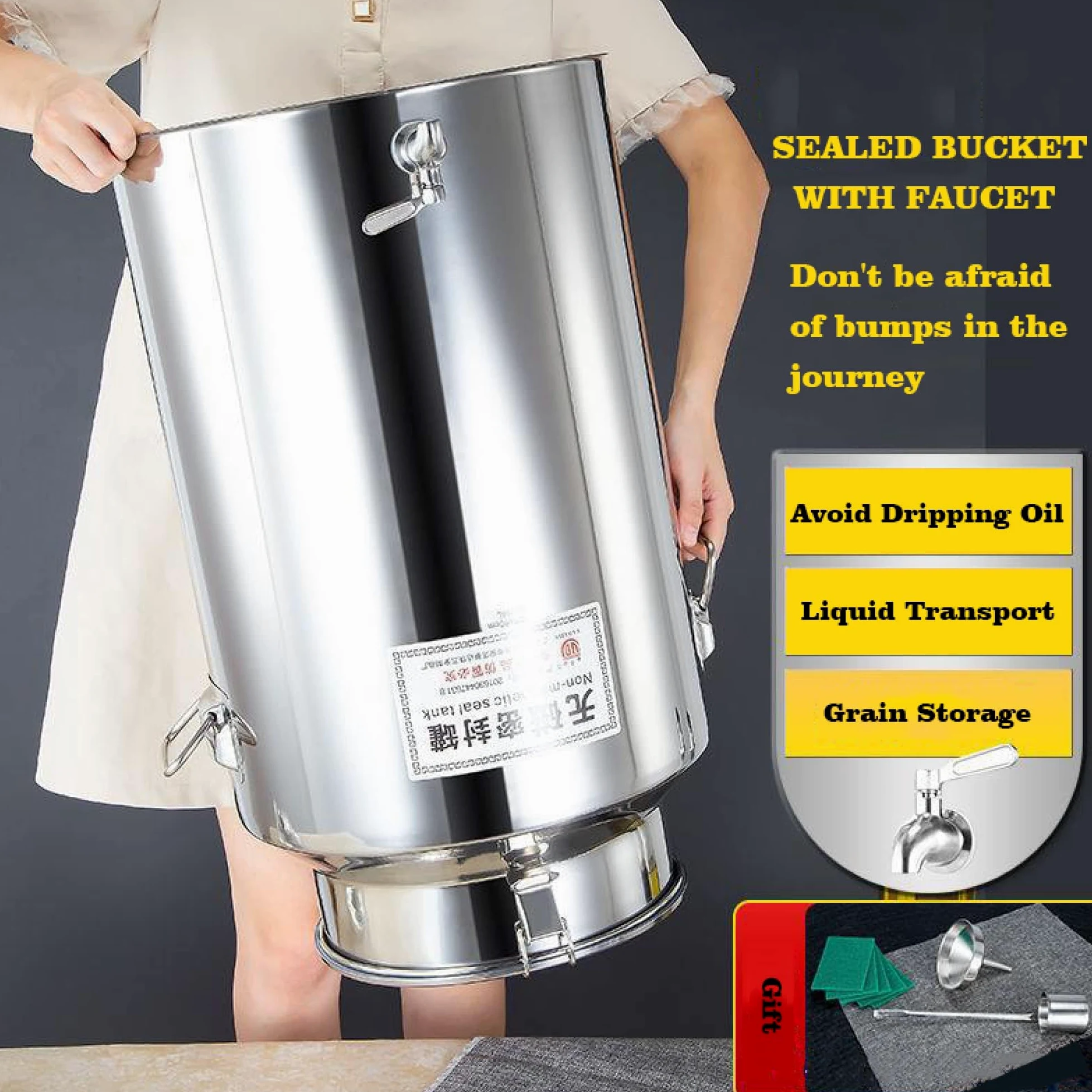 Lattina in acciaio inossidabile 5L/14L Secchio per vino Secchio Tote Brocca Barile per olio Serbatoio con coperchio sigillato e rubinetto per latte / 5L