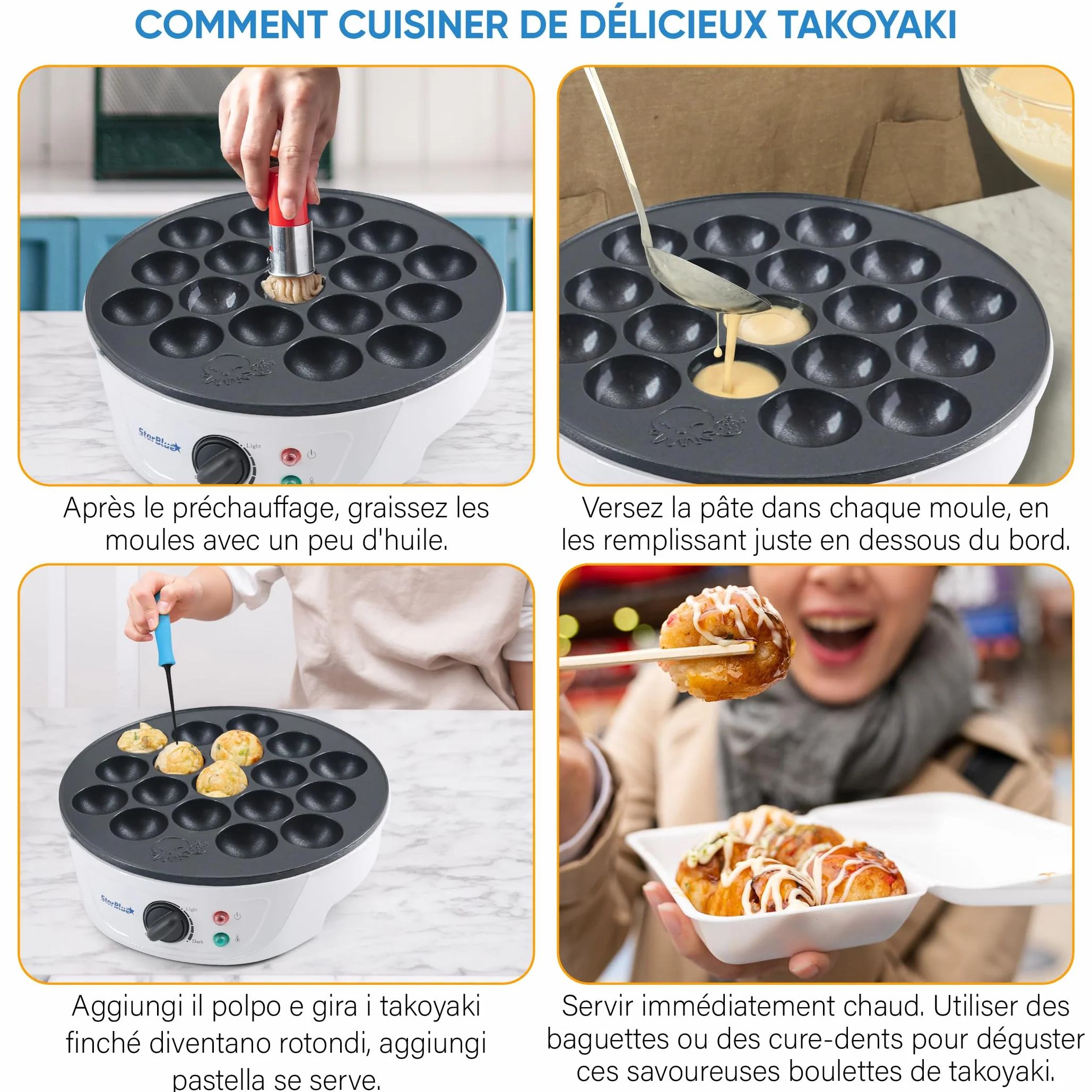 StarBlue Macchina per Takoyaki 18 fori 700W 220V 50Hz con Controllo Temperatura Spina UK Adattatore UE