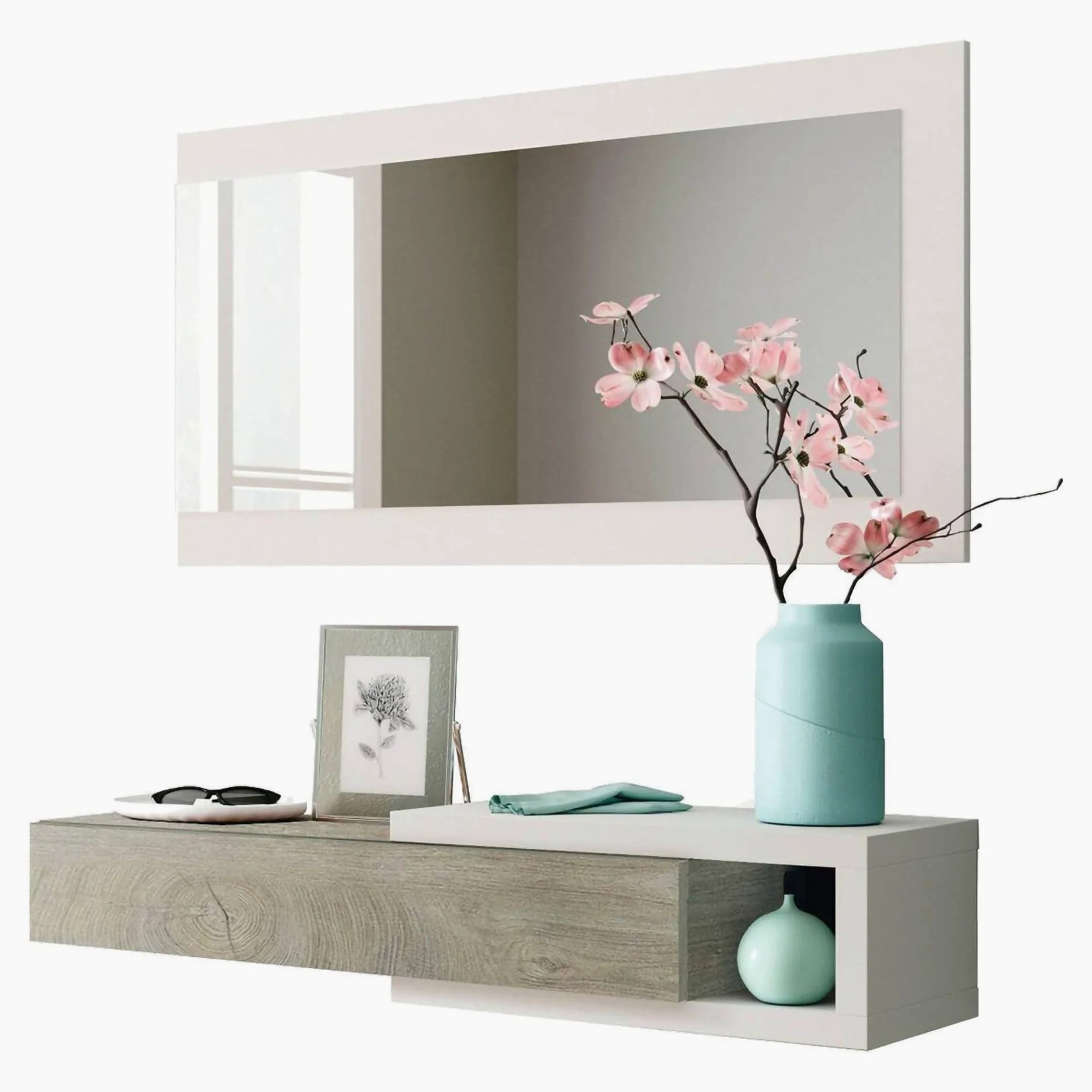 Dmora - Mobile da ingresso Mcallen, Entratina reversibile con specchio, Mobile per atrio con cassetto, Svuotatasche per appartamenti, 95x26h69 cm, Bianco e Rovere