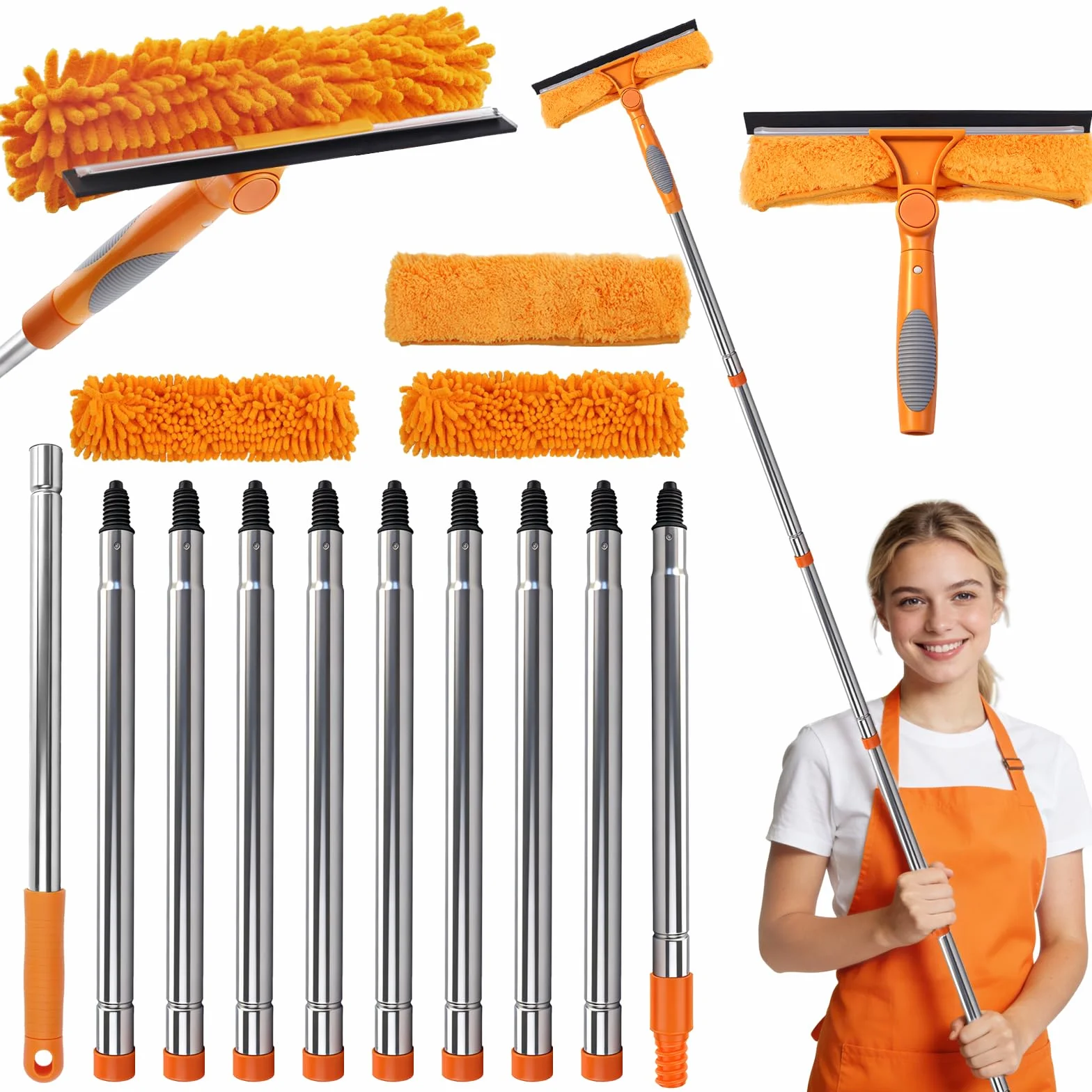 HA BIN Lavavetri Professionale con Manico Telescopico (400 CM), 2 in 1 Tergivetro in Silicone e Lavavetri in Microfibra, Pulitore per Finestre, Auto, Doccia e Vetro – Senza Strisce e Facile da Usare