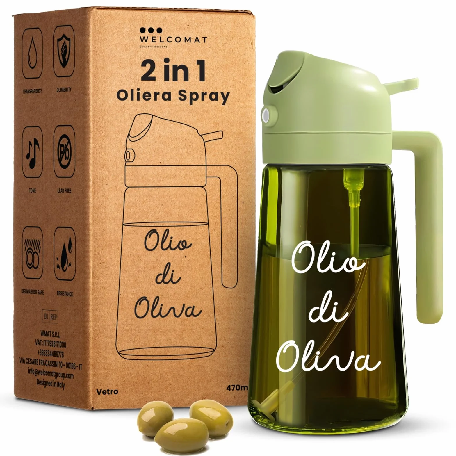 WELCOMAT Spruzzino Olio 470 ml 2 in 1 Nebulizzatore Vetro per Friggitrice ad Aria Insalata BBQ