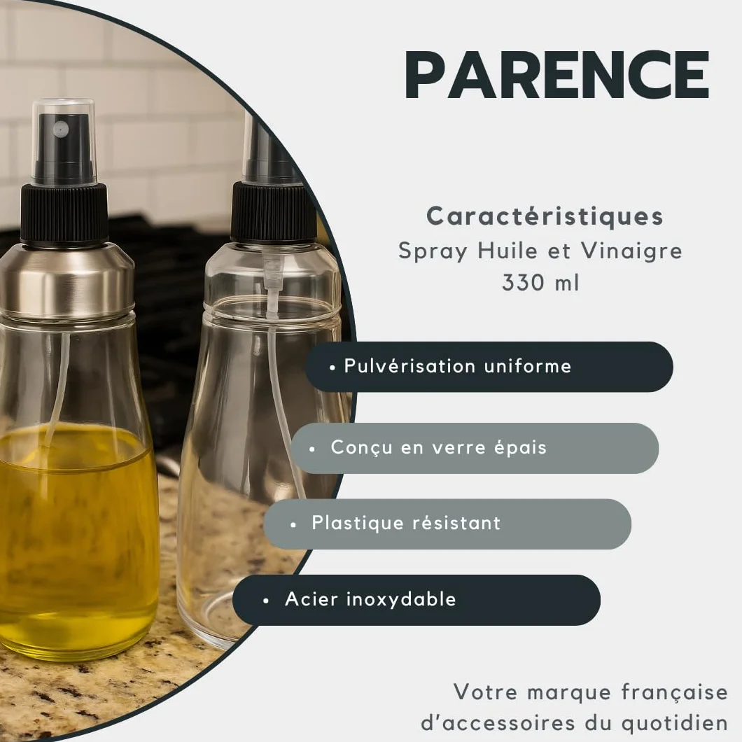 PARENCE.- Olio e aceto spray 330 ml - Dispenser spray in vetro e acciaio inox - Bottiglia riutilizzabile per cucinare, grigliare e insalate - 6,8 x 6,8 x 20,5 cm