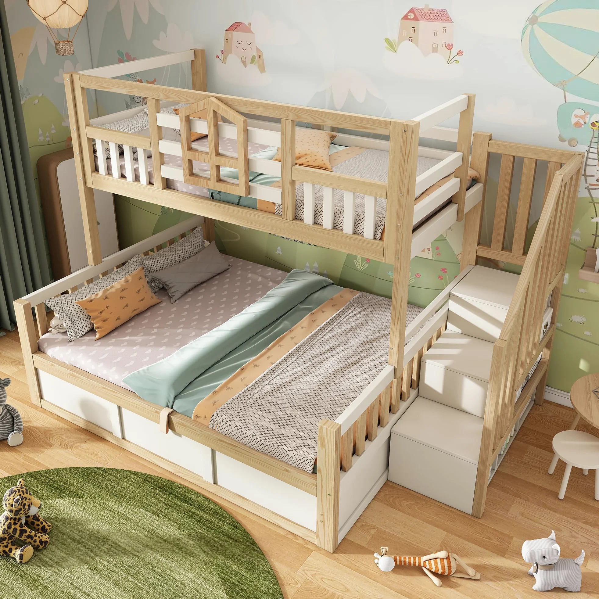 Letto a castello con cassettoni 90x200 cm & 140x200 cm, letto per bambini in stile baita con spazio di archiviazione, scala, protezione rialzata, in pino (J, 90x200cm&140x200cm)