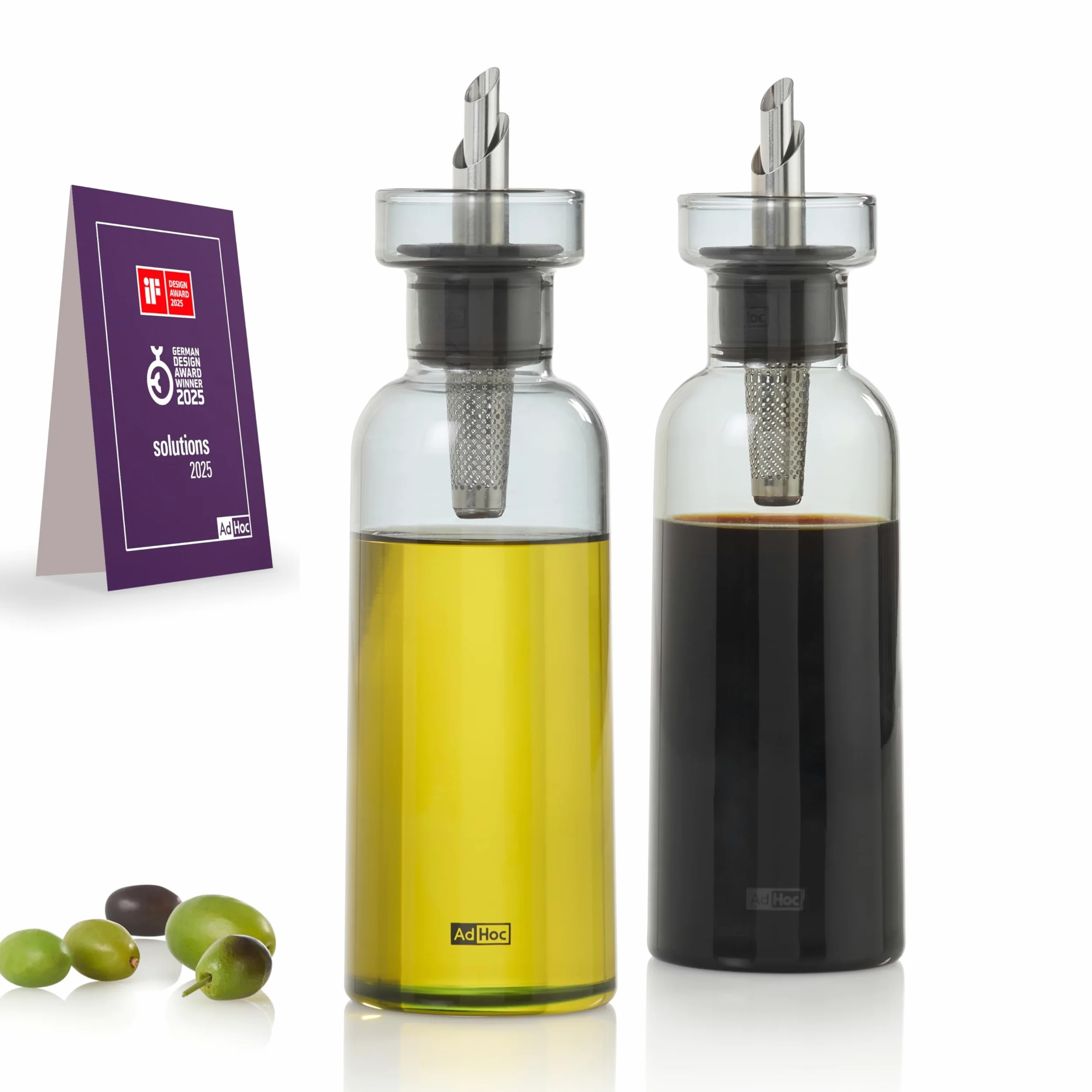 AdHoc AromaPour - Set di 2 bottiglie per olio e aceto, in vetro grigio, 300 ml, dispenser filtrato antigoccia, per olio e aceto, lavabile in lavastoviglie
