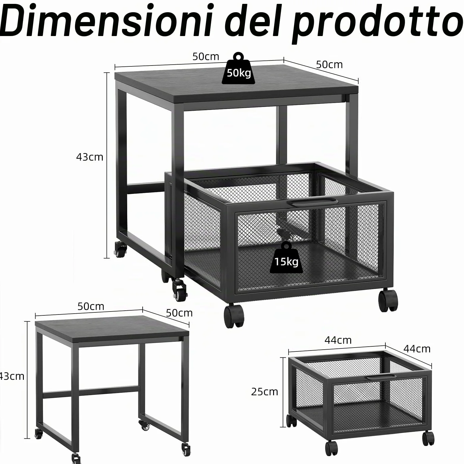 Tavolo per stampante con stoccaggio Drawer, supporto per stampante con ruote universali, supporto per stampante portatile in legno e metallo, 50 x 50 x 43 cm, portata fino a 70 kg, per ufficio, casa