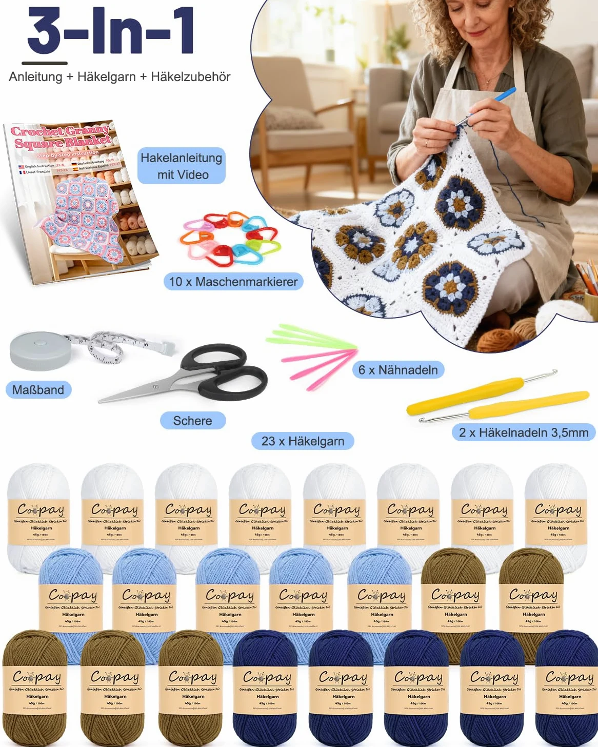 Coopay Granny Square - Set di uncinetti per principianti e professionisti, set completo per uncinetto con filato per uncinetto, istruzioni (lingua italiana non garantita), video tutorial, set di
