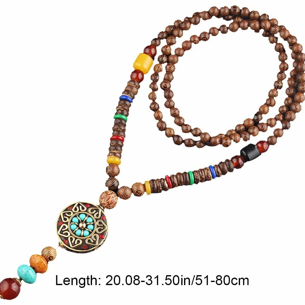 Collane di Perline in Legno Collana Vintage Etnica Fatta a Mano Nepal Meditazione Preghiera Maglione con Collana Lunga con Ciondolo
