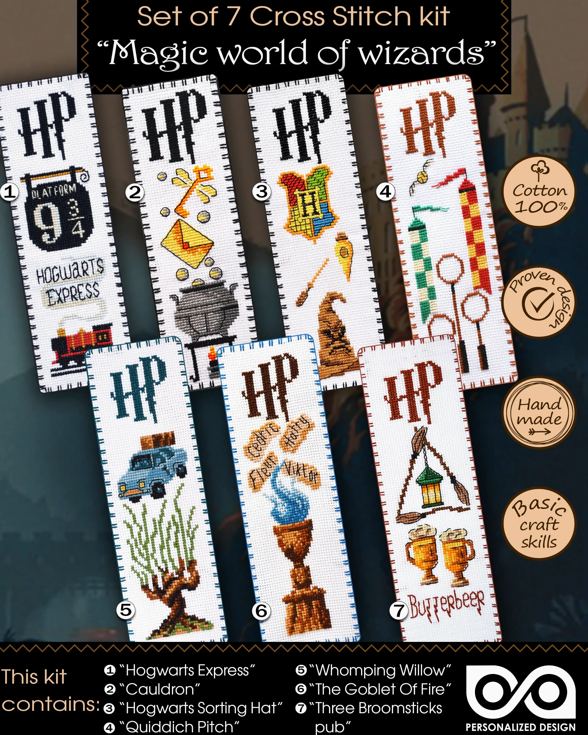 Personalized.Design Kit punto croce contato Magic World of Wizards – Segnalibri 7 in 1 fai da te ricamati a mano