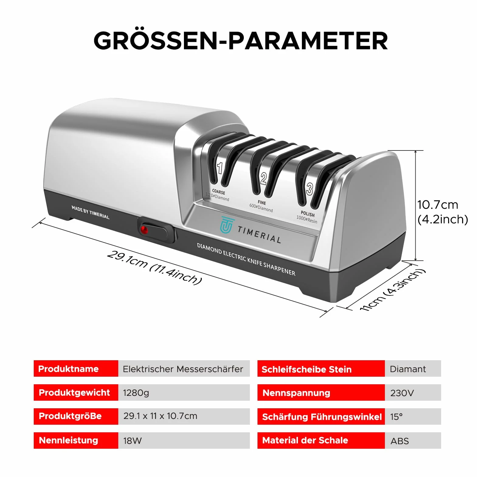 TIMAL Affilacoltelli elettrico 3 stadi Disco abrasivo diamantato 15° Guida angolare di precisione per coltelli da cucina in acciaio 120/600/1000 grana