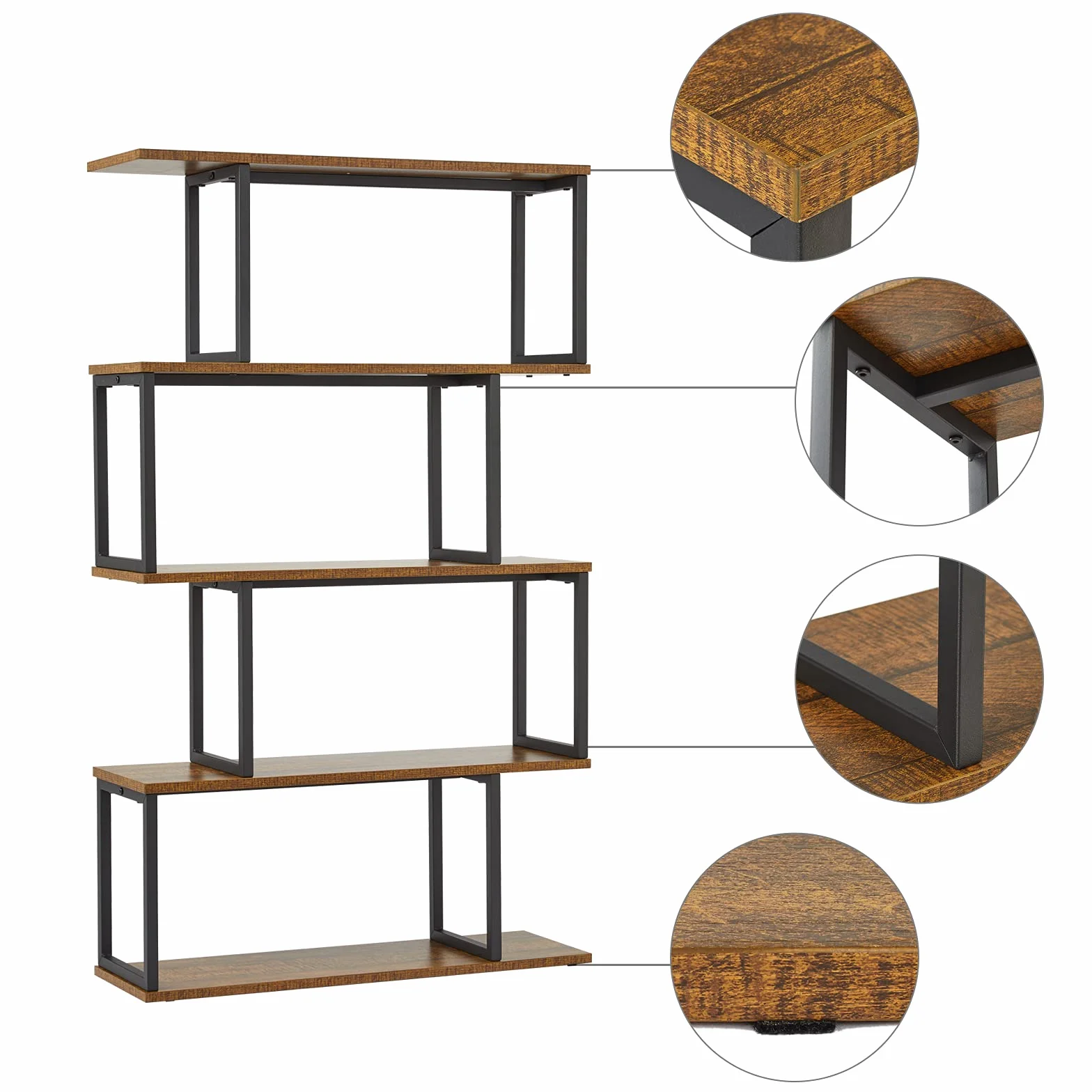 Mondeer Libreria a forma di S, Scaffale Portaoggetti, Libreria a 4 Ripiani, Libreria in Stile Industriale, con Struttura in Metallo, 76 x 24 x127.5cm, per Soggiorno e Ufficio, Marrone