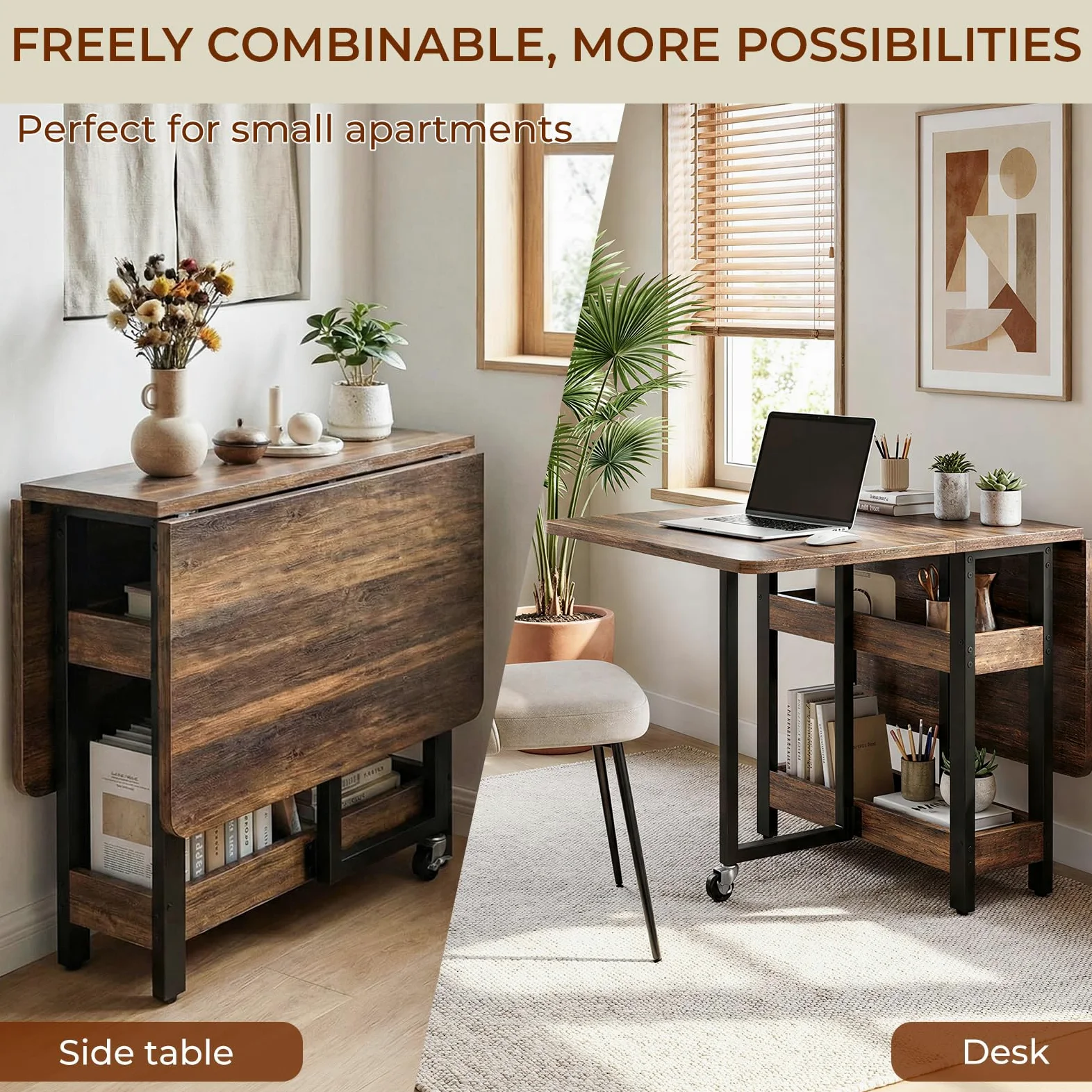 Clevich Tavolo da pranzo pieghevole mobile con 2 ripiani, per 4-6 persone, ideale per spazi ridotti, ingombro da chiuso: solo 0,218 m³, per cucina e casa, 133x80x75 cm, legno di tigre.