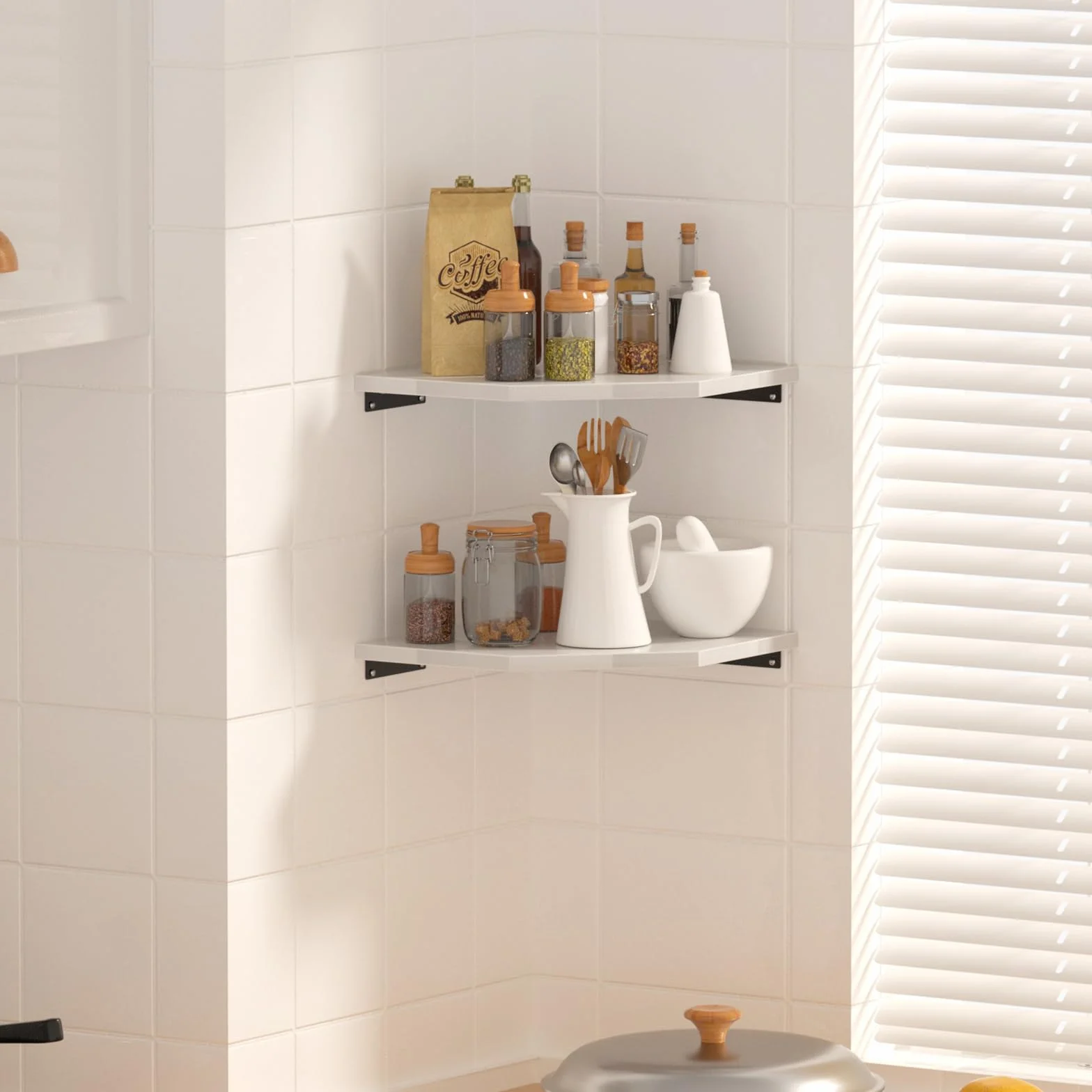Set di 2 Mensole Angolari da 30 cm, Profondità 33,7 cm, Bianco