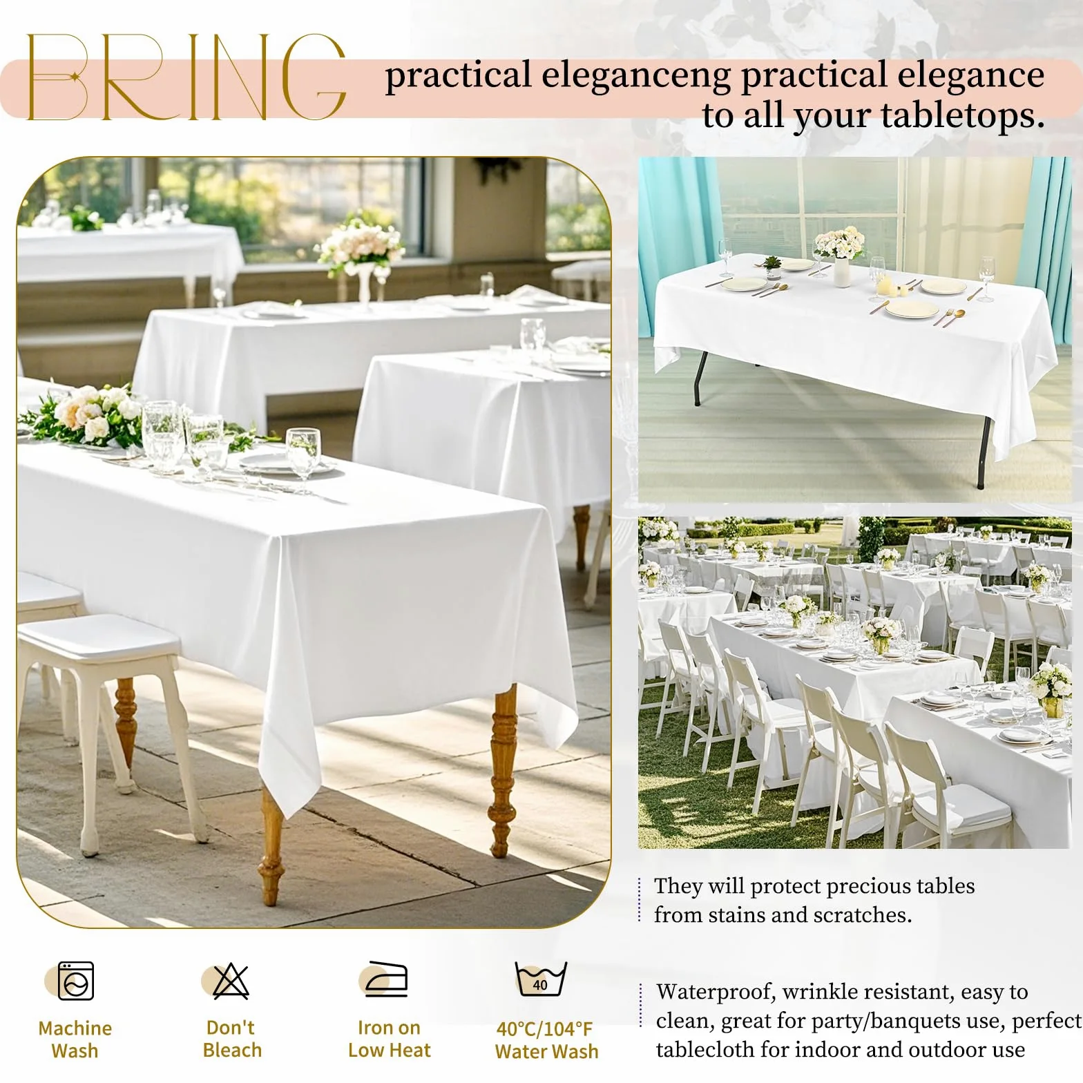 Teruntrue 12 Pezzi Tovaglie Bianche Rettangolari 153 x 320 cm, Tovaglie Bianche in Poliestere per Tavolo da 8 Piedi, Tovaglia Rettangolare Lavabile per Feste Matrimoni Buffet Campeggio Ristorante