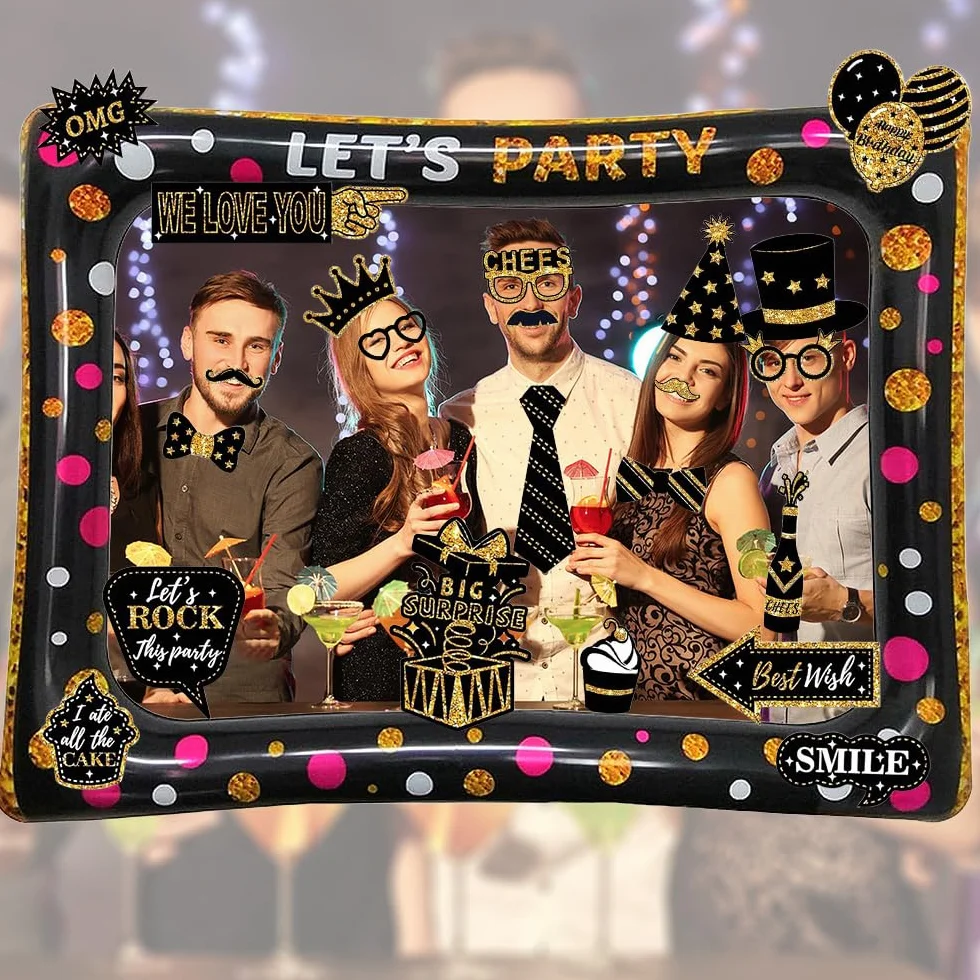 37 Pezzi Cornice per Foto Compleanno, Oro Nero Photo Booth Kit, Cornice per Selfie, Accessori Fai da Te per Festa