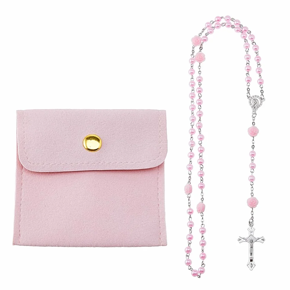DICOSMETIC Rosa Blu Rosso Viola Rosario Collana Perline Rosario Collane Lega Gesù Croce Rose Ghirlanda Collana Per Le Donne Uomini Con 1 Pezzo Pelle PU Gioielli Borse d'Imballaggio