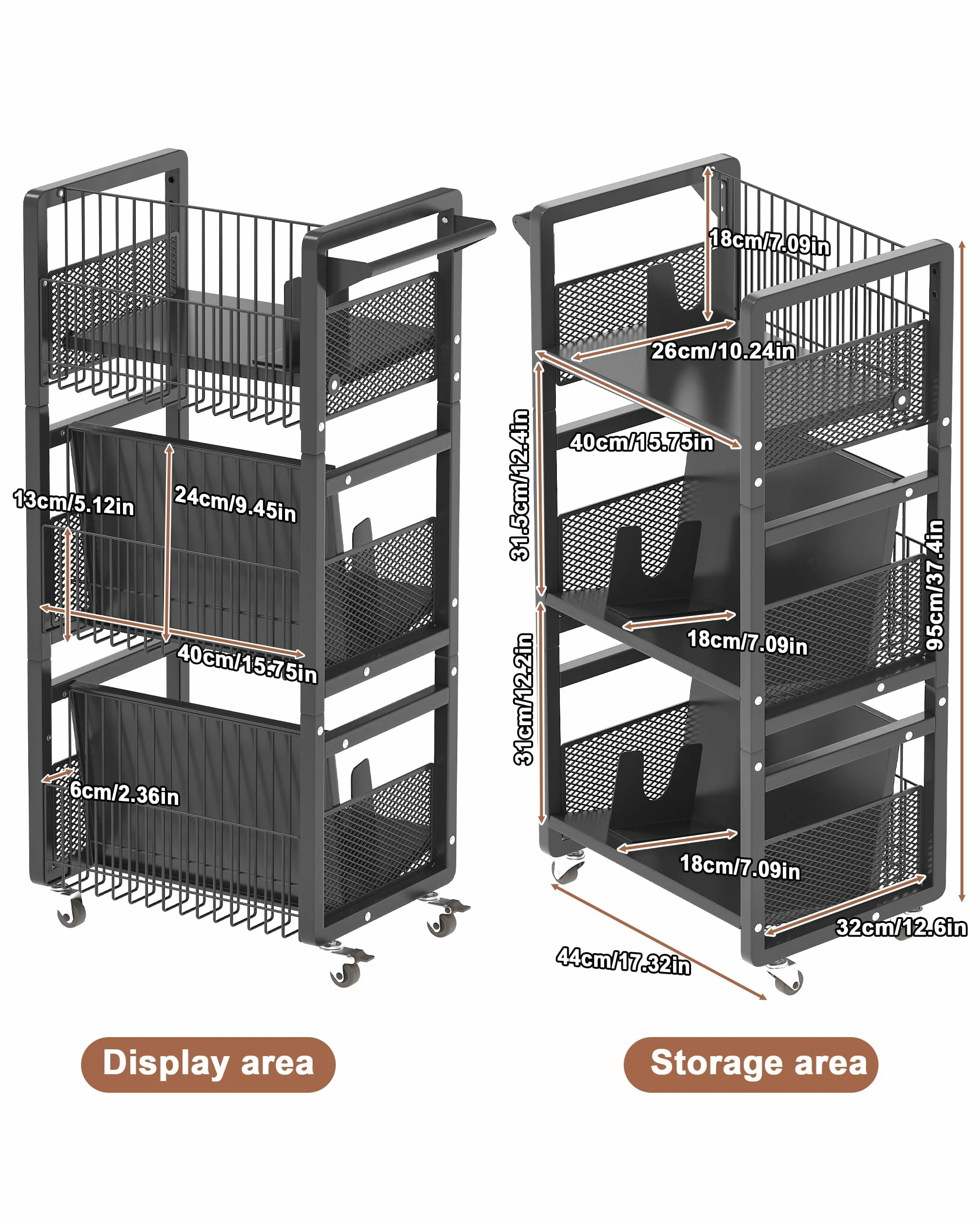 Carrello per Libri con Ruote,Carrello Da Biblioteca con Portata 70kg con Maniglia,Ripiani Piatti a Forma Di L su Un Lato,per Casa,Scuola,con 3 Supporti Magnetici per Libri - Nero
