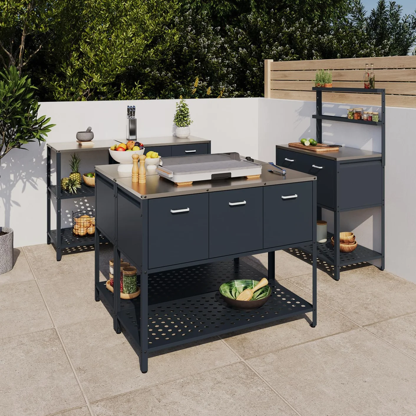 IDMarket - Cucina da esterno PAREO a 3 ante con 1 ripiano in acciaio grigio antracite
