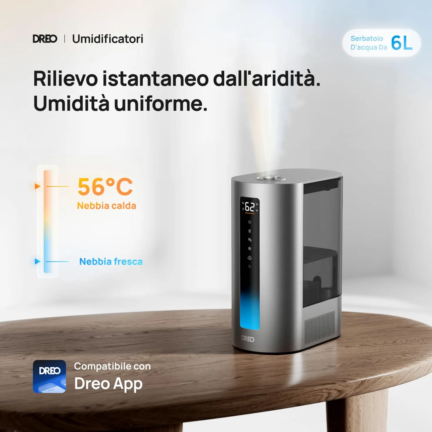 Dreo 6L umidificatore per camera da letto, intelligente per grandi ambienti, bruma calda/fredda, per piante e bambini, riempimento superiore, 60 ore autonomia, silenzioso, timer, Google/Alexa, HM713S