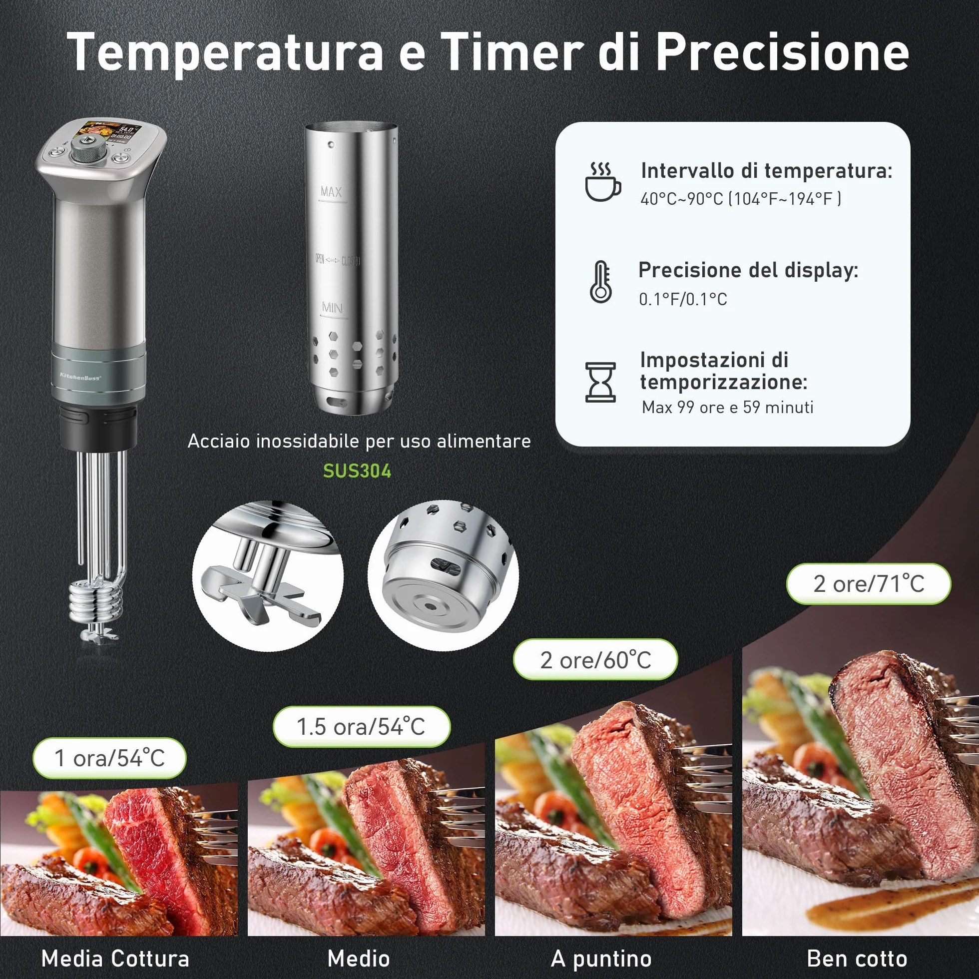 KitchenBoss Roner Sous Vide Professionale 1100W WIFI IPX7 TFT