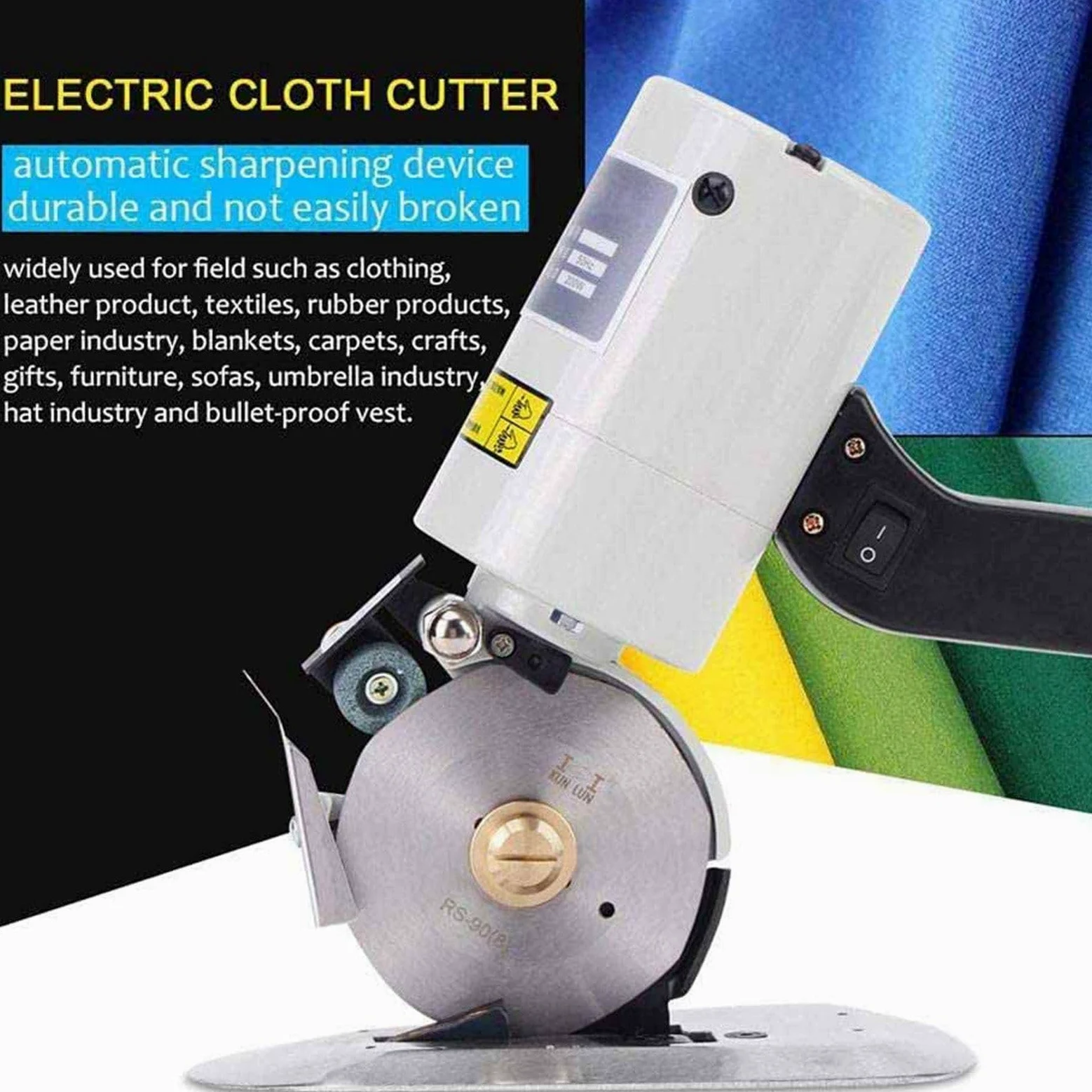 Taglierina Elettrica per Tessuti Da 200 W - Dispositivo Di Protezione Silenzioso/Sollevabile, Taglierina Rotativa per Cucire + Lama Rotante Da 90 Mm, Spessore Di Taglio: ≥ 3 Cm