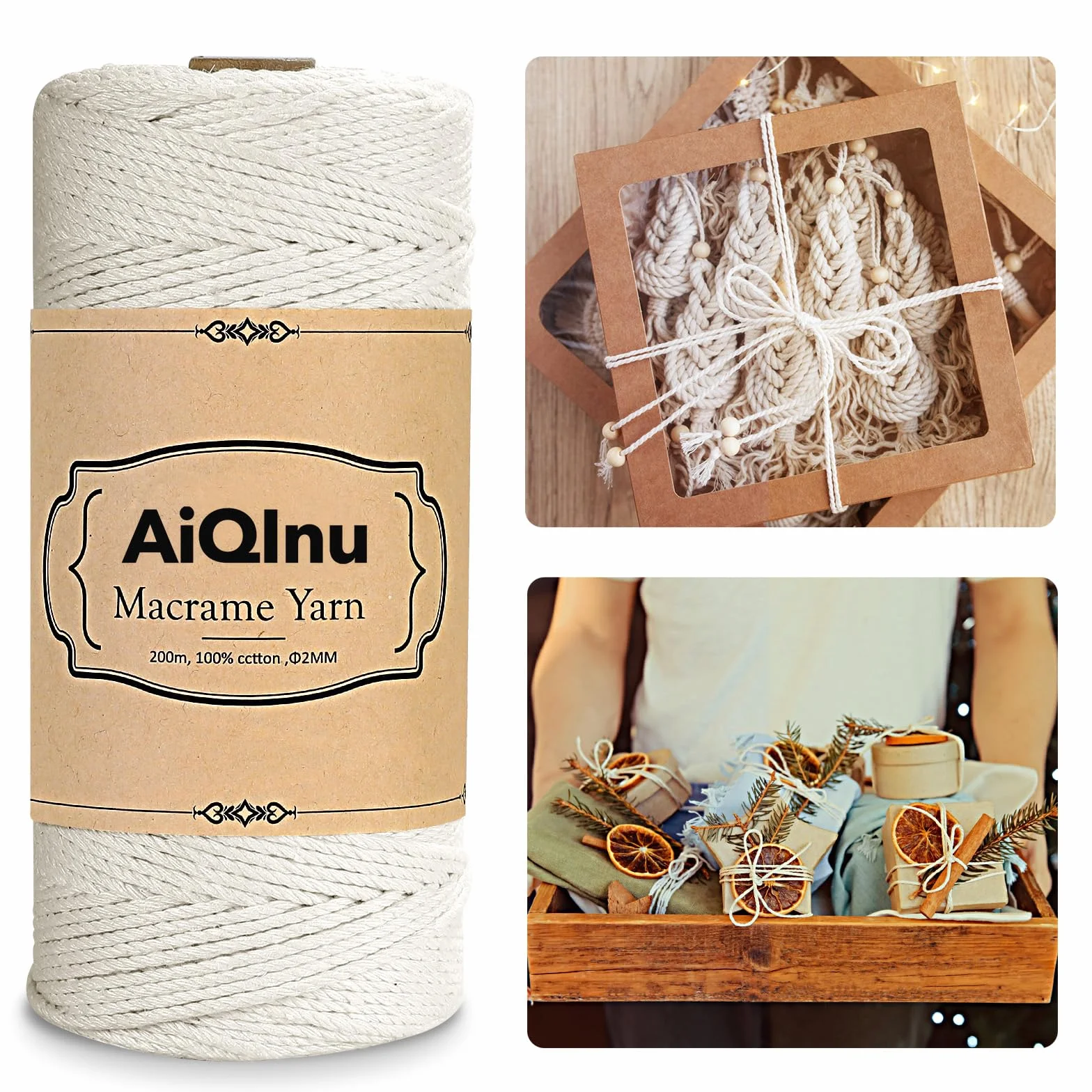 Corda Macrame 2mm x 200m, AiQInu, 100% Cotone Naturale, Beige