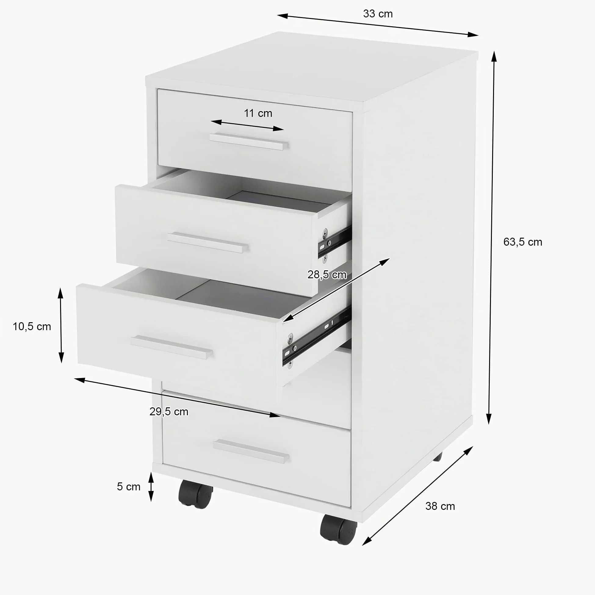 ML-Design Set 2x Cassettiera Mobile da Ufficio 33 x 38 x 63,5 cm Bianco con 5 Cassetti Rivestimento a Melamina e Maniglie in Alluminio, Mobiletto Archivio Documenti Armadio Portaoggetti con Ruote