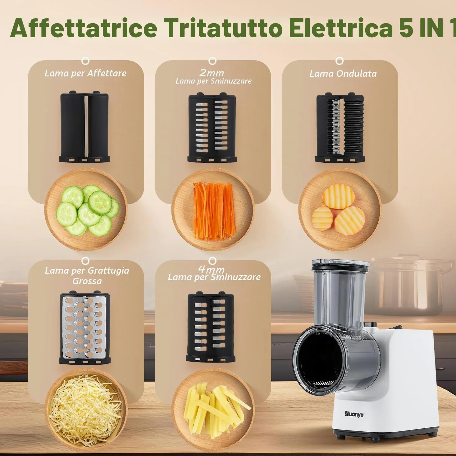 Huanyu Grattugia elettrica per formaggio Affettaverdure elettrico multifunzionale con 5 lame 250W Insalatiera elettrica e tritacarne Grattugia elettrica per frutta, verdura e formaggio (bianco)