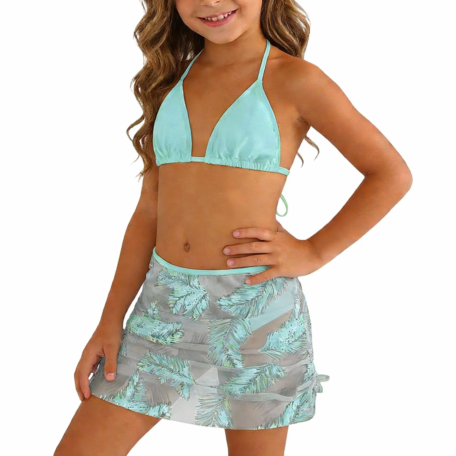 Generico Costume 3 Pezzi Ragazza Costumi da Bagno Ragazza Bikini con Stampa a Foglie Copricostume Leggera Elegante Costume da Bagno Ragazza Costume Bambina Mare per Sportivo Spiaggia Piscina