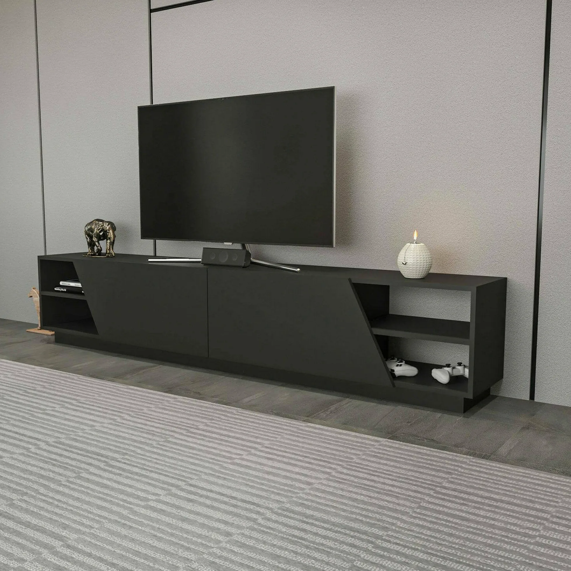 Dmora - Mobile porta TV Nyx, Credenza da soggiorno, Armadio basso per TV, Base parete attrezzata, 240x37h47 cm, Antracite