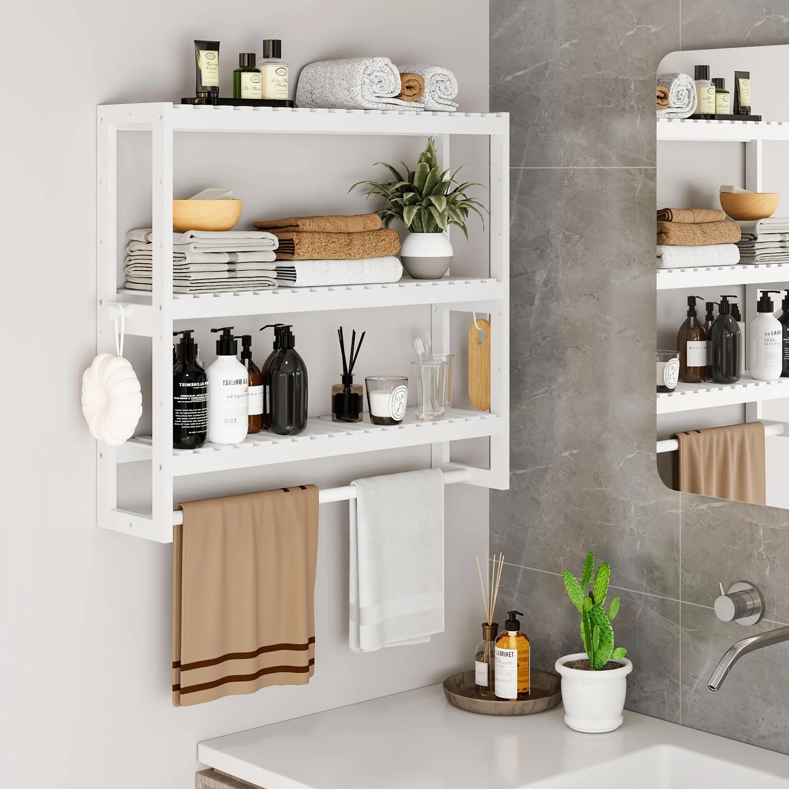Mensola portaoggetti da bagno 50x53,2x15 cm 3 livelli regolabili bambù bianco con asta appendiabiti