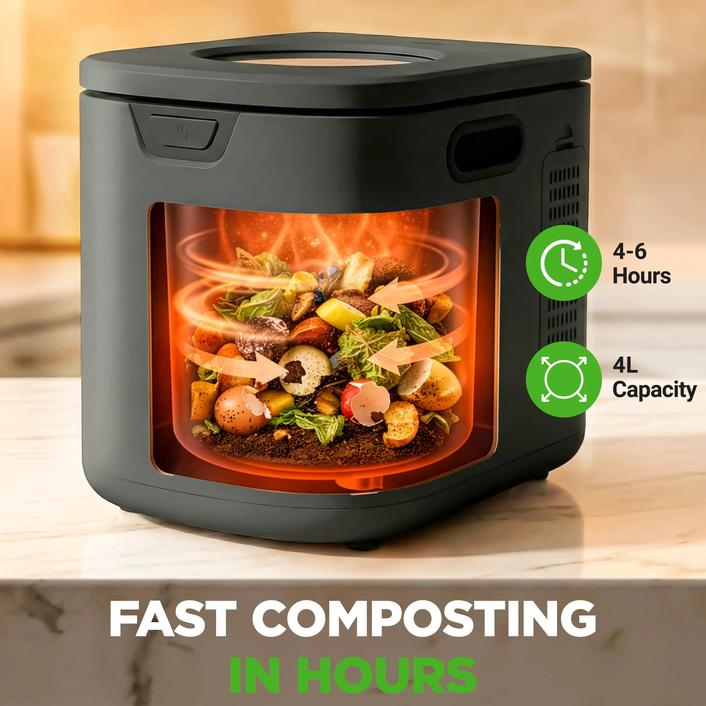 NutriChef 4 Litri Compostiera da Cucina, Compostiera Elettrica, Bidone Umido per Cucina, Pattumiera Umido con 2 Filtri Carbone, 3 Modalità Volume, Grigia