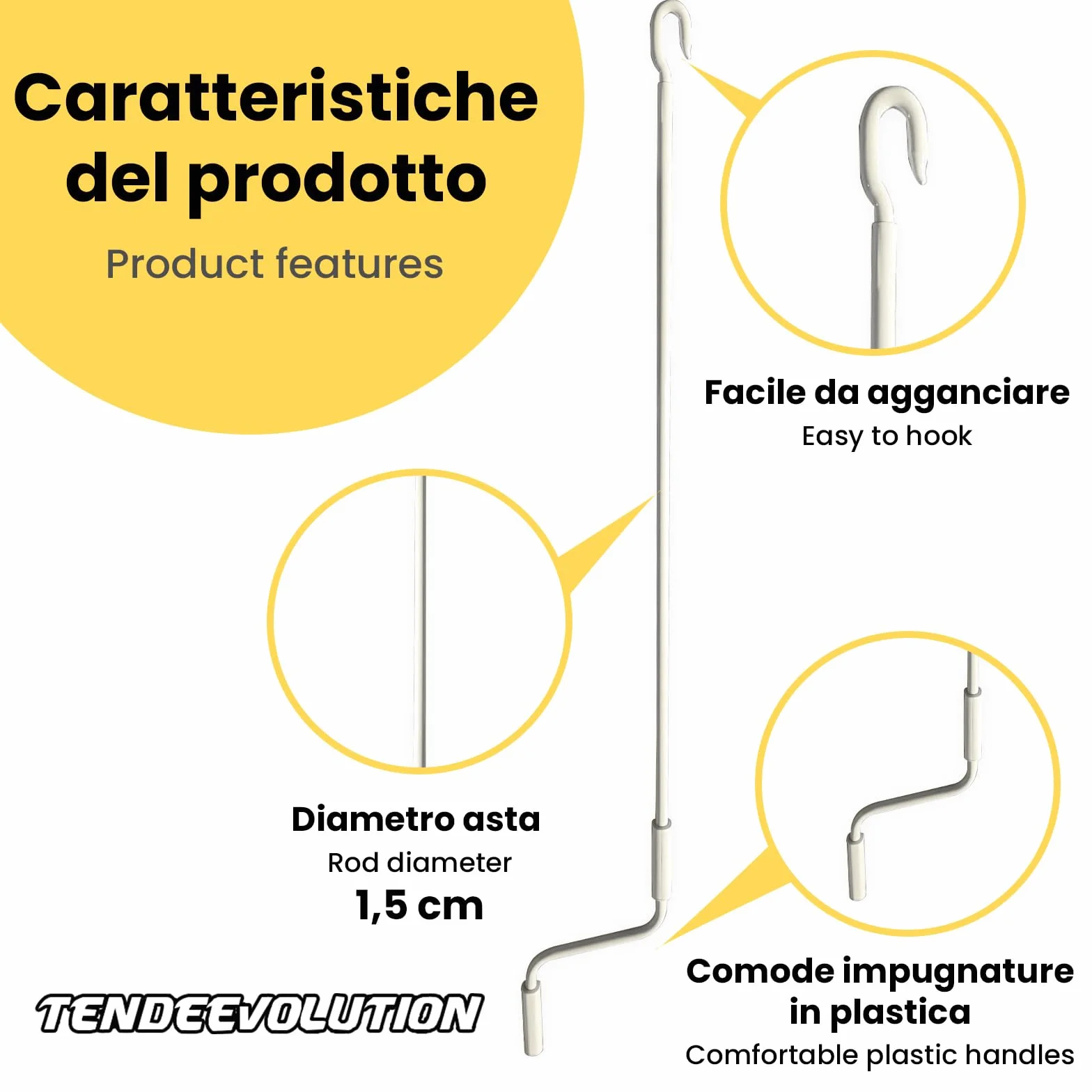 Manovella Tenda Sole Ferro Zincato Diametro 1,5 cm Lunghezza 100-250 cm Impugnatura Ergonomica Plastica Bianco 150 cm