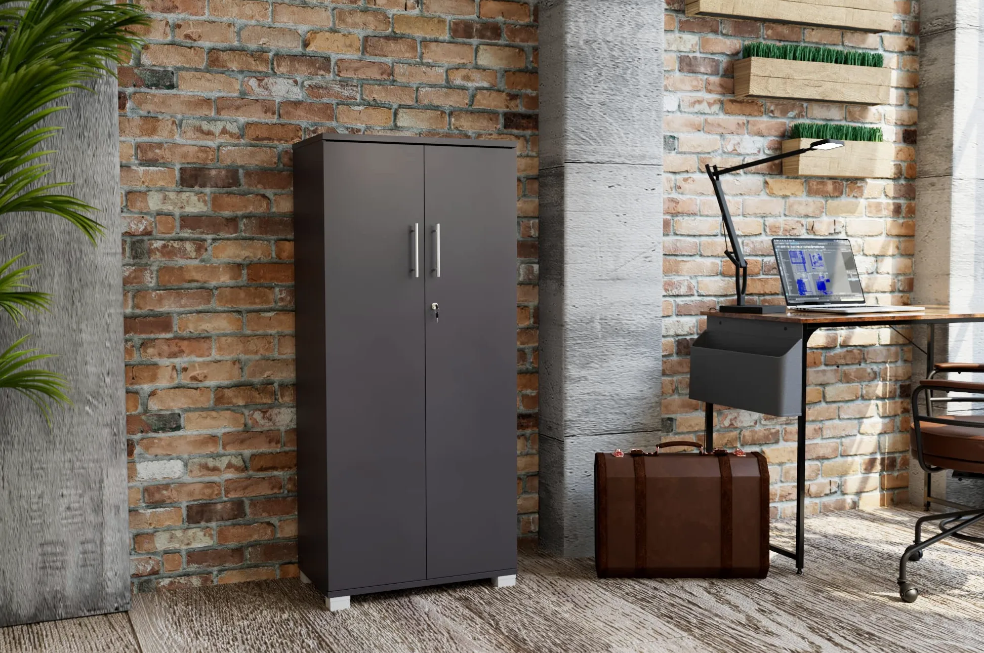MMT Furniture Designs Armadietto da ufficio in legno nero, armadio con chiusura a 2 ante e 2 ripiani interni
