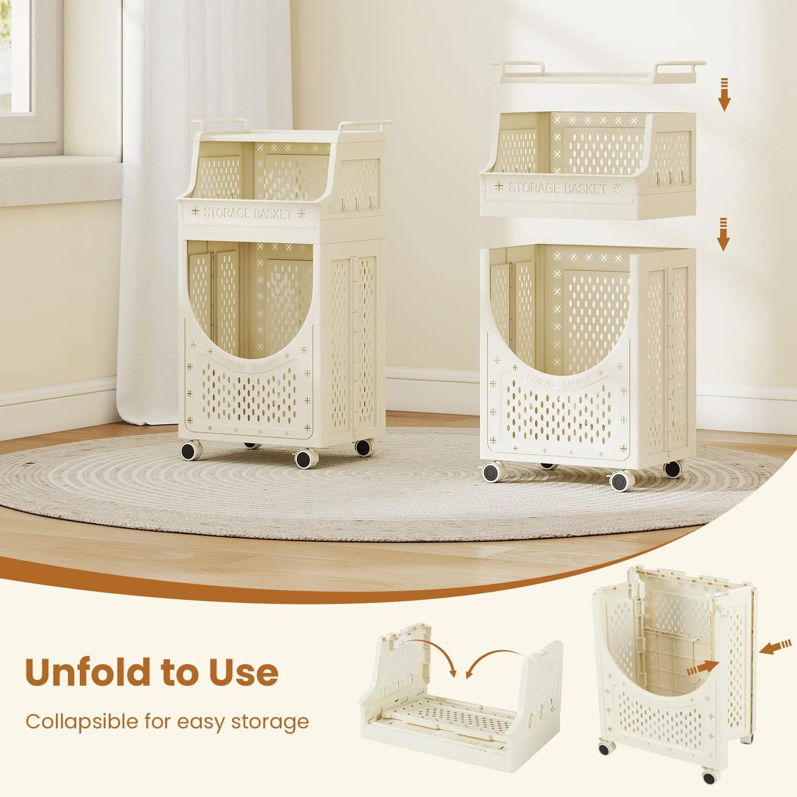 GIANTEX - Carrello portabiancheria con 4 ruote e 6 ganci, cesto per la biancheria da 40 L, design pieghevole, contenitore per la biancheria e organizer per bagno, camera da letto, dormitorio