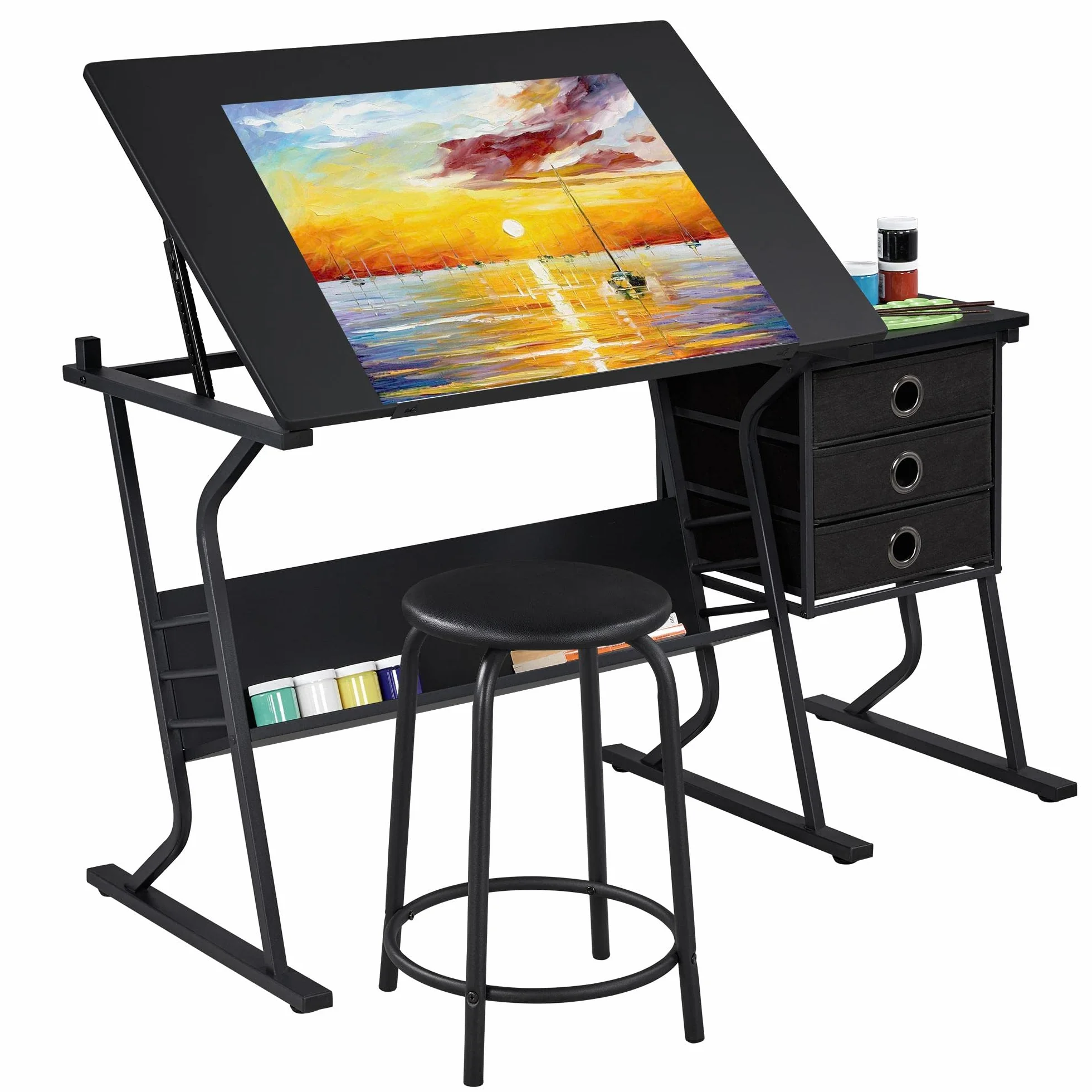 Yaheetech Set Tavolo da Disegno Inclinabile con Sgabello con 3 Cassetti Vassoio Toggle Scrivania per Disegnatore Architetto Pittore Ingegnere Nero
