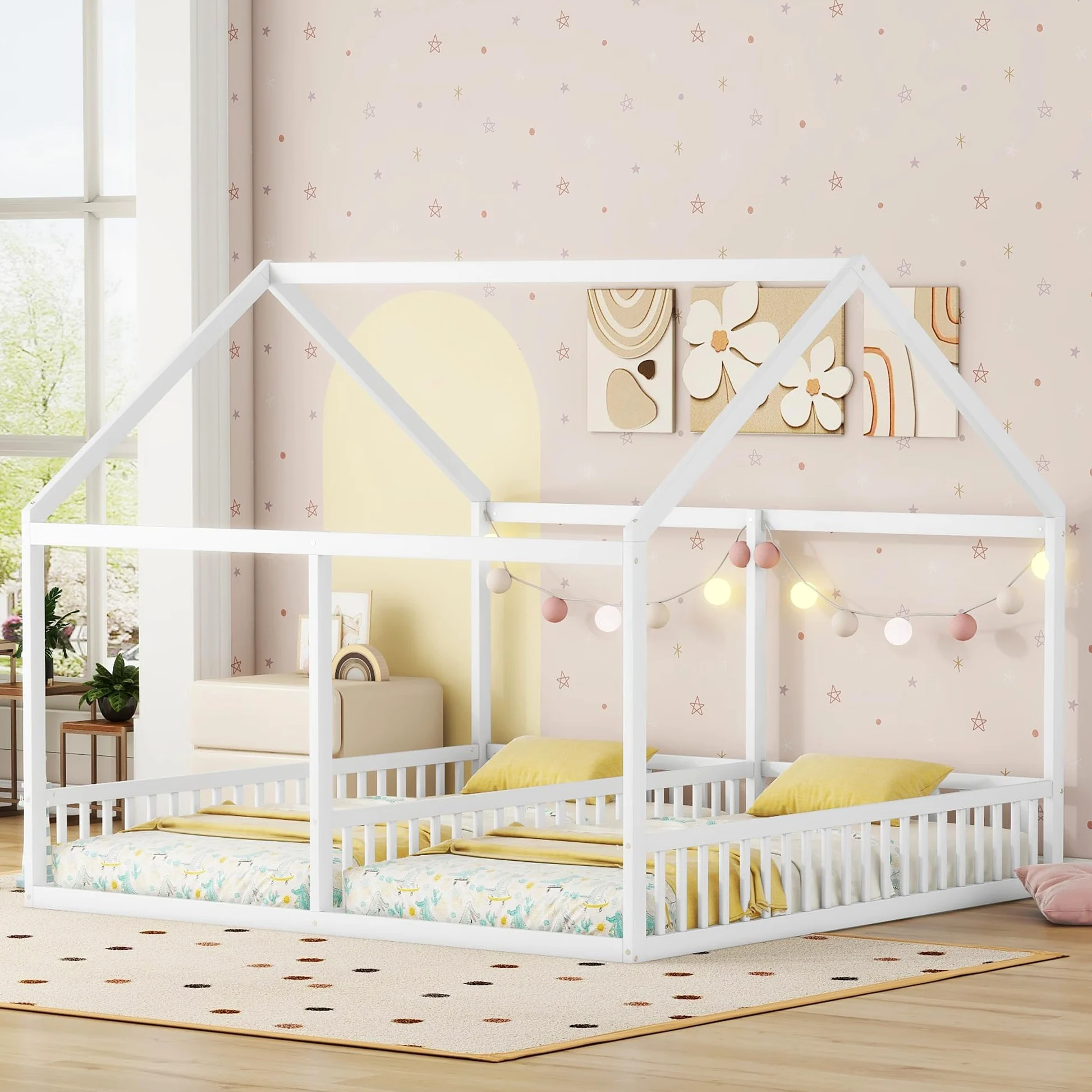 Rtopsu Letto per Bambini Letto Matrimoniale 90x200 cm, Letti a Soppalco con Rete a Doghe in Legno per 2 Ragazzi, Letti Casa con Protezione Anticaduta, Bianco, Senza Materasso
