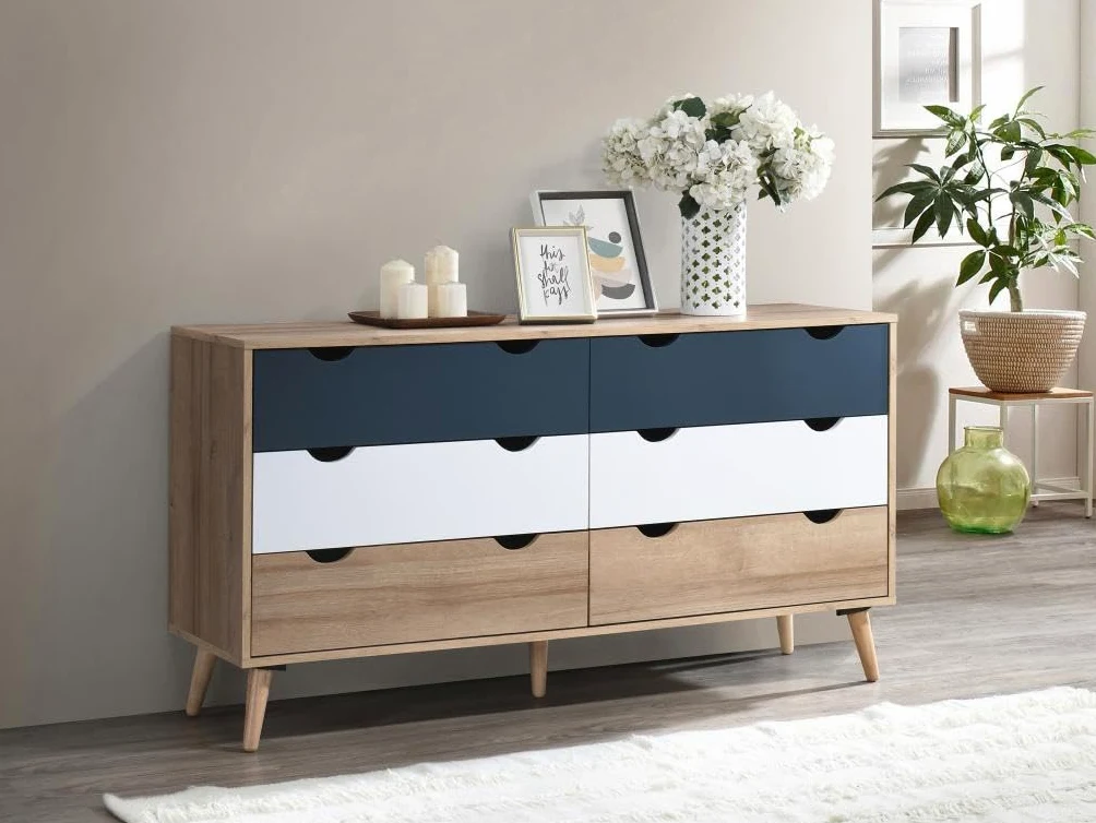 Vente-unique - Comò 6 cassetti le, Bianco e Blu marine - LURVIA