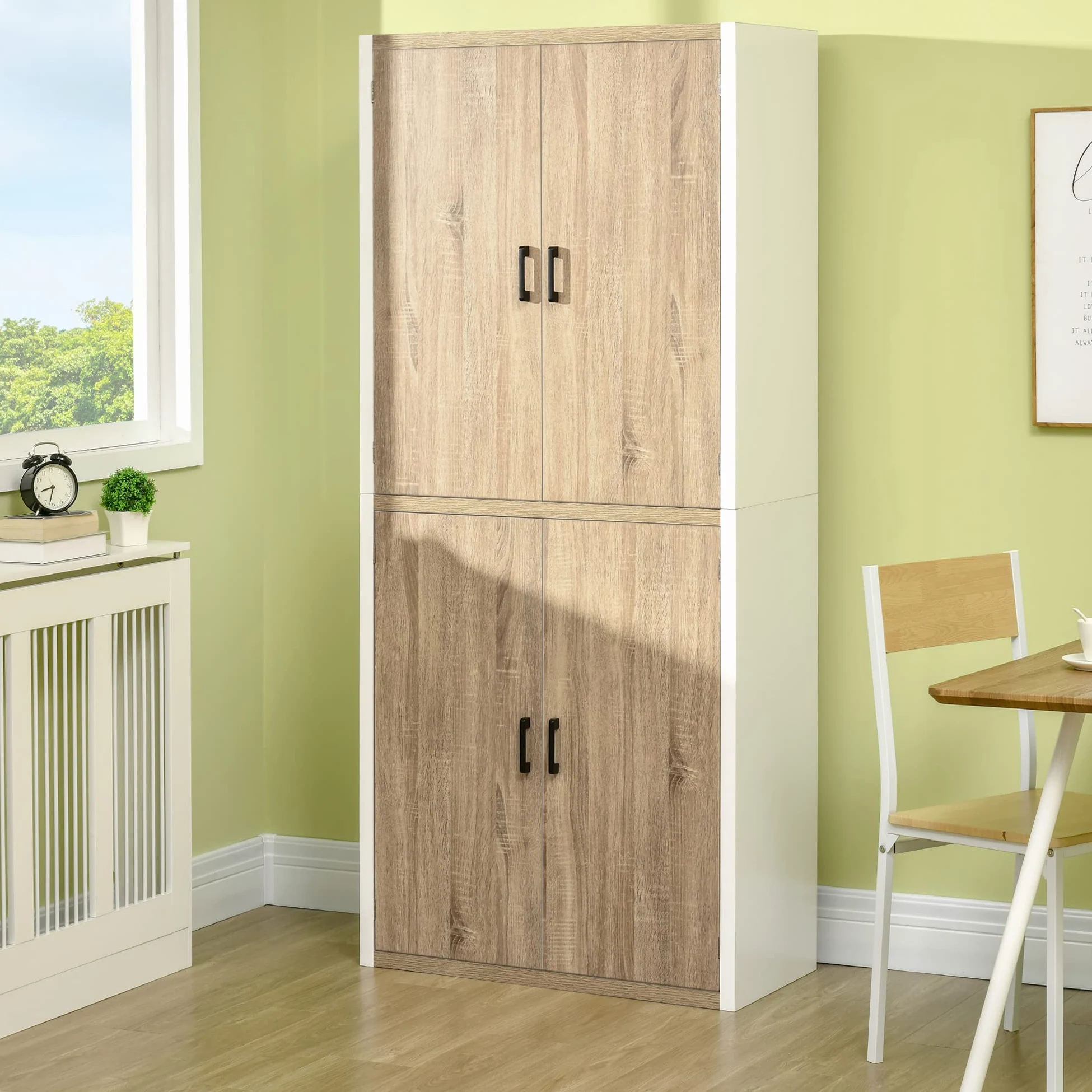 HOMCOM Credenza Cucina con 4 Ripiani Regolabili, Mobile Cucina Dispensa in Legno MDF, 4 Porte e Dispositivo Antiribaltamento, 80x40x182cm, Color Legno e Bianco