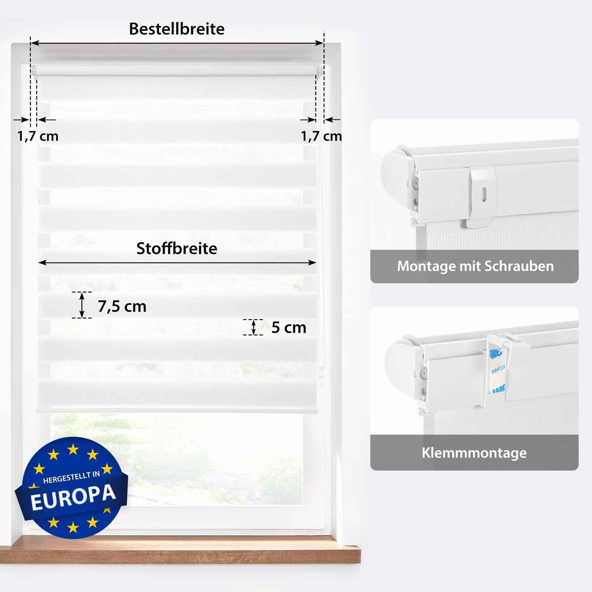 Victoria M. Zevra Tenda a Rullo Doppio Klemmfix Giorno e Notte Oscurante e Filtrante 45x230 cm Bianco
