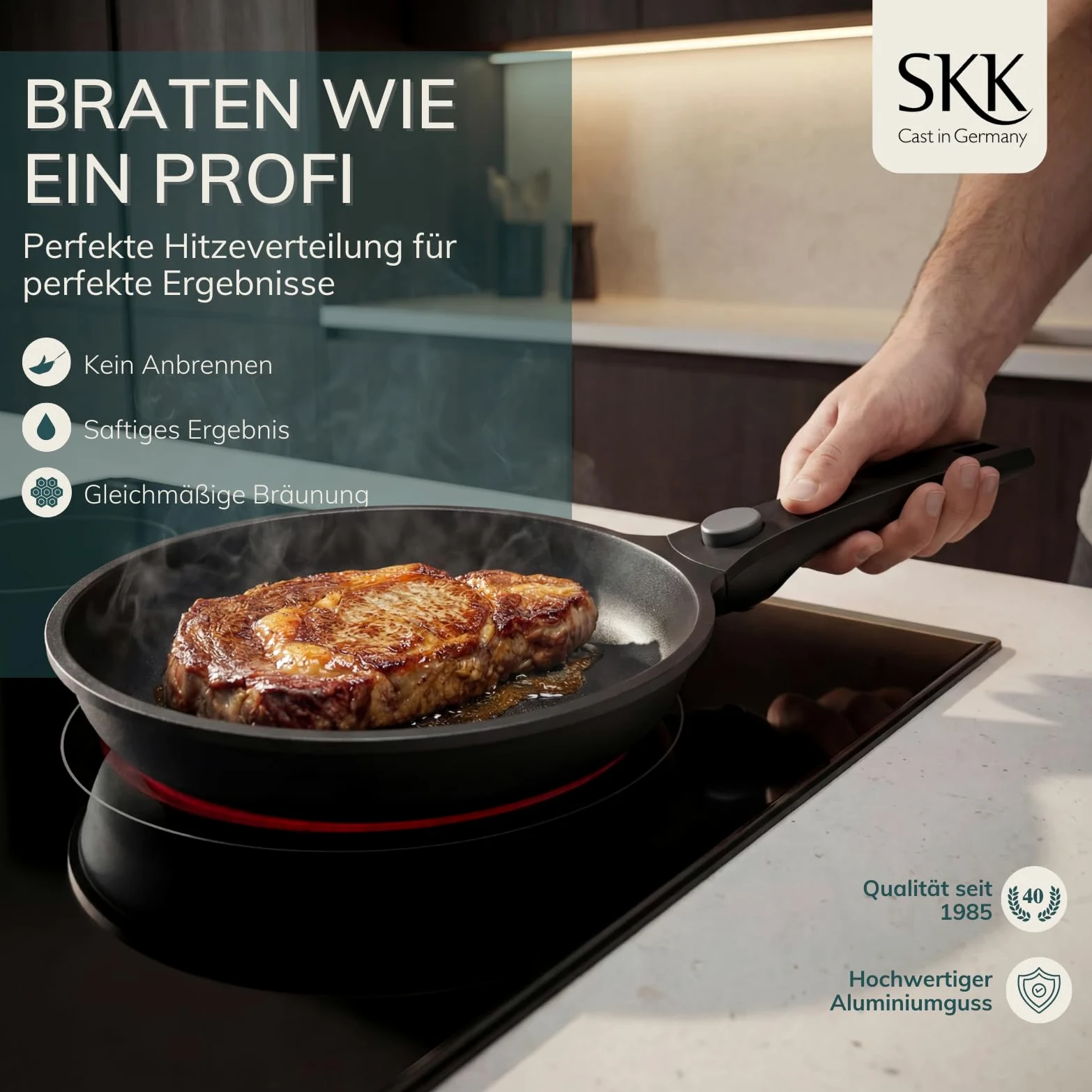 skk 14432 Serie 6 Plus - Padella in ghisa, adatta a piani cottura a induzione, manico rimovibile, in alluminio pressofuso, per cottura a induzione, in alluminio pressofuso, rivestimento antiaderente