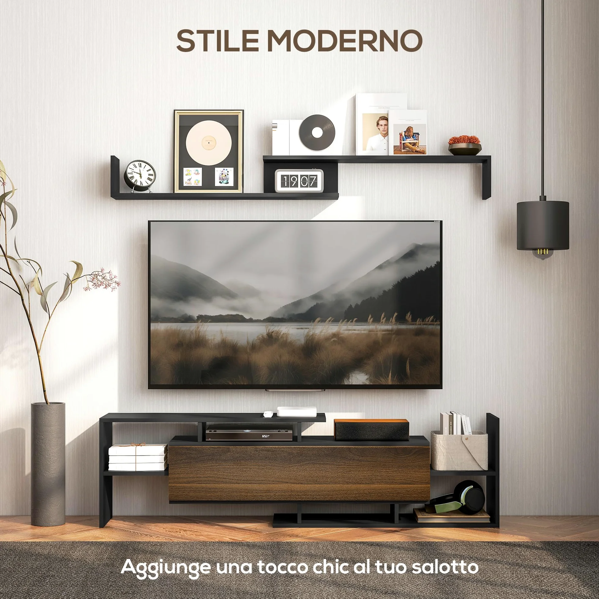 HOMCOM Mobile TV con Mensola a Muro, Ripiani Aperti e Armadietto in Legno, Mobile TV Moderno per Soggiorno e Camera da Letto, Nero e Marrone
