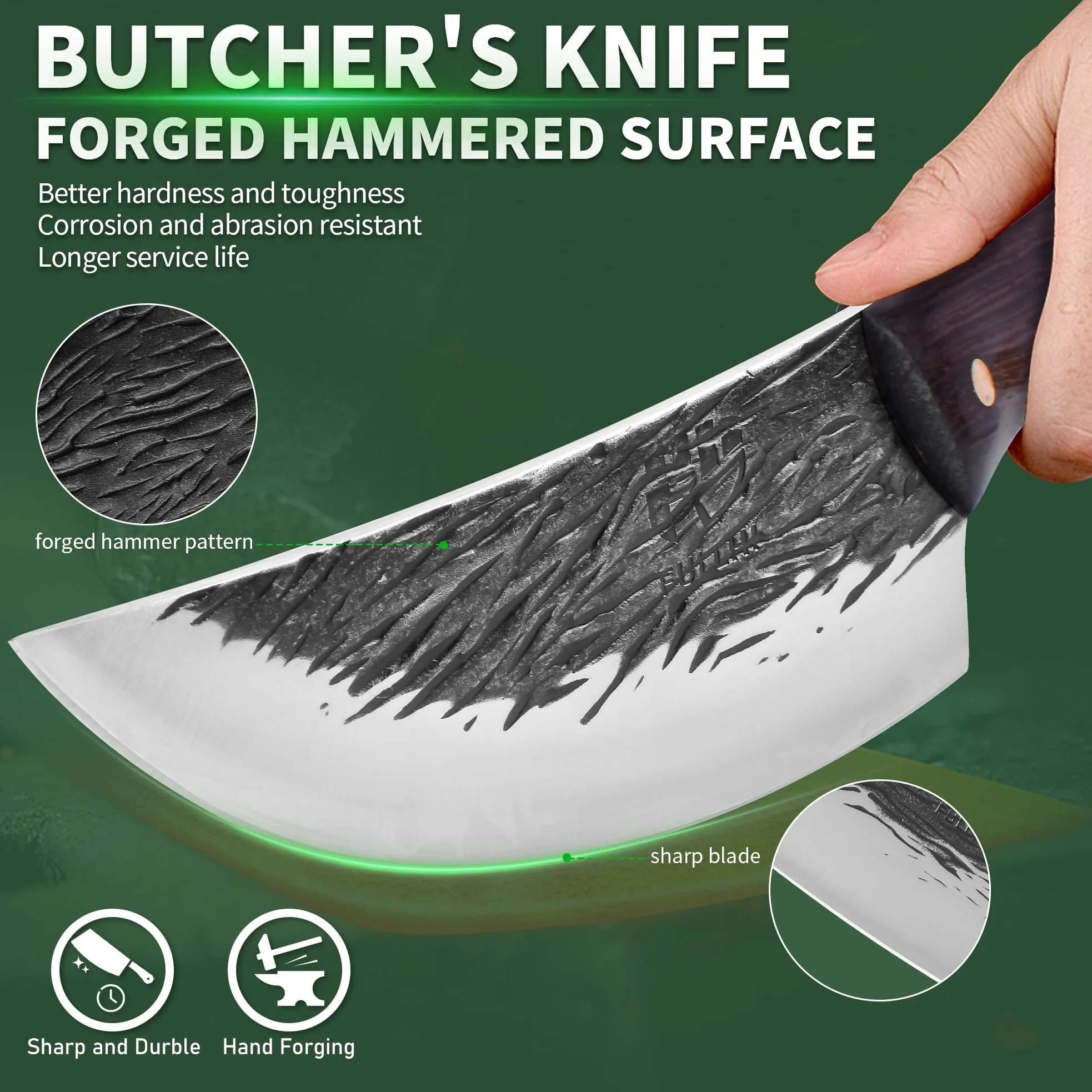 FULLHI Manico in legno Mannaia per carne pesante con fodero 2 pezzi, affettatrice in acciaio ad alto tenore di carbonio per la casa, il campeggio e il barbecue (Marrone, 17cm)