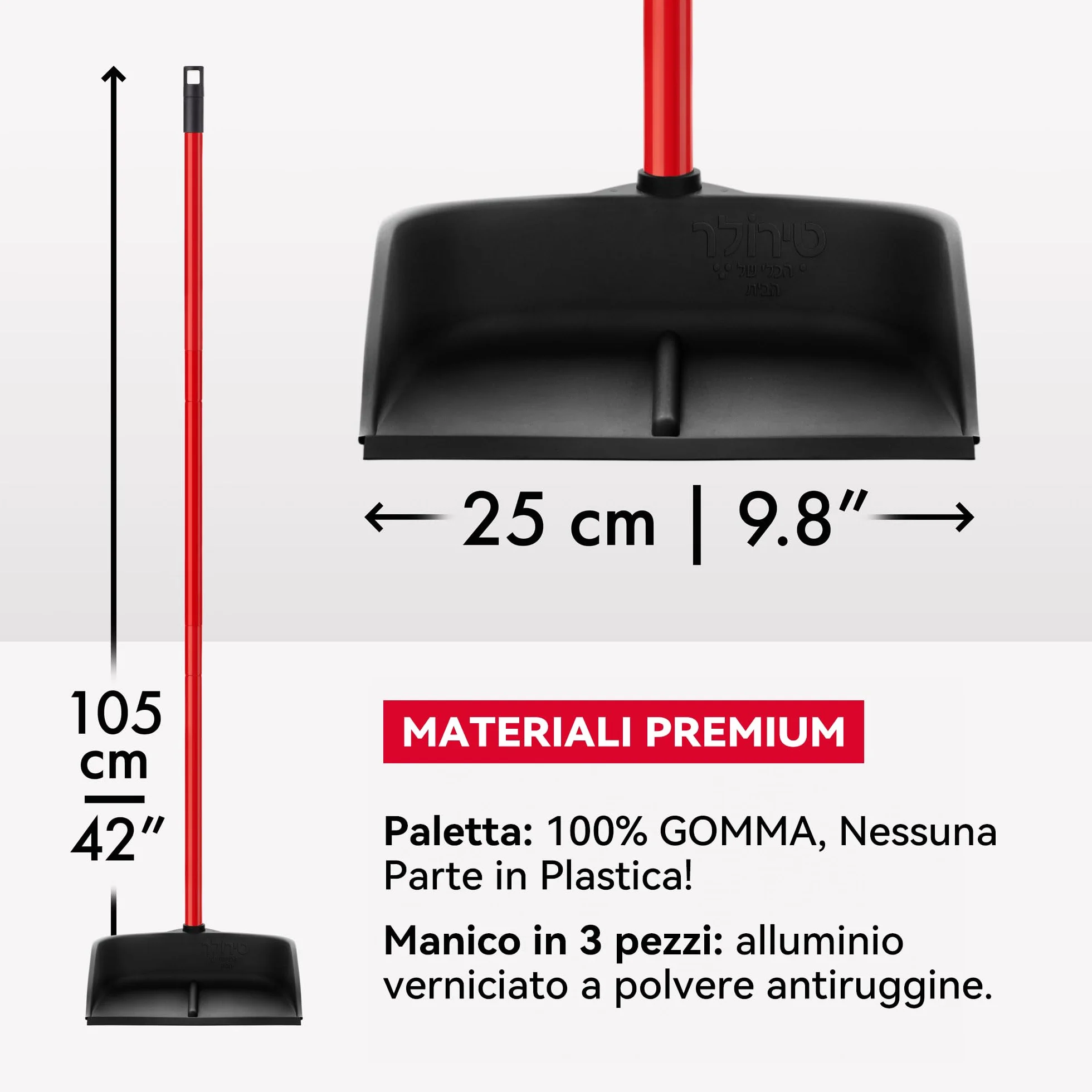 Tyroler Paletta Magica | 100% Gomma Naturale | Manico Antiruggine in Alluminio 105cm | Design da Appoggio | Compatibilità Universale con Scope