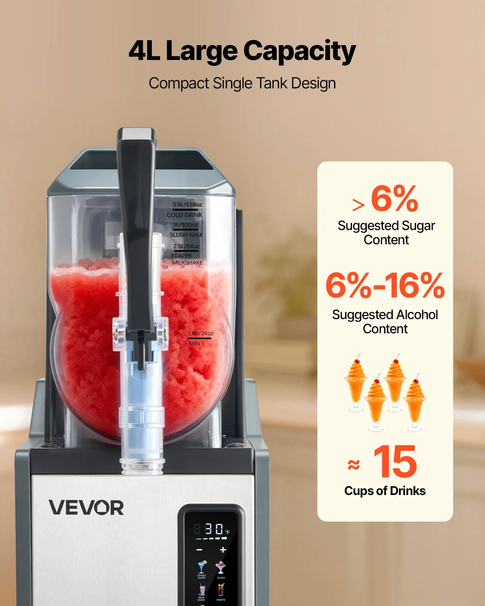 VEVOR Macchina per Granite 4 L 350 W Serbatoio Singolo per Bevande Ghiacciate, Succo Freddo, Cocktail