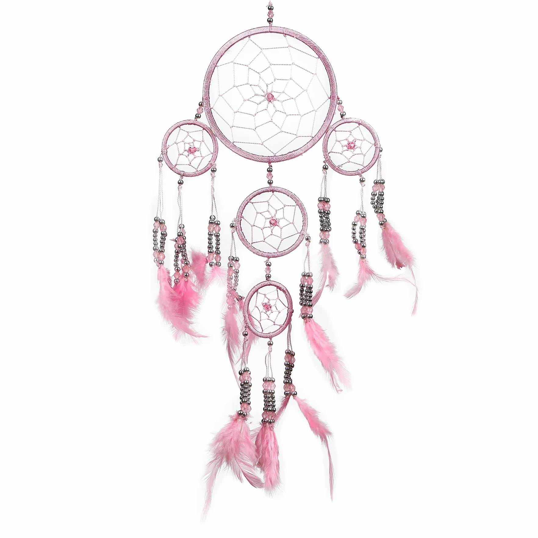 Dream Catcher Bohemien Fatto a Mano Acchiappasogni Etico con Piume Rosa e Perline 12 cm x 35 cm