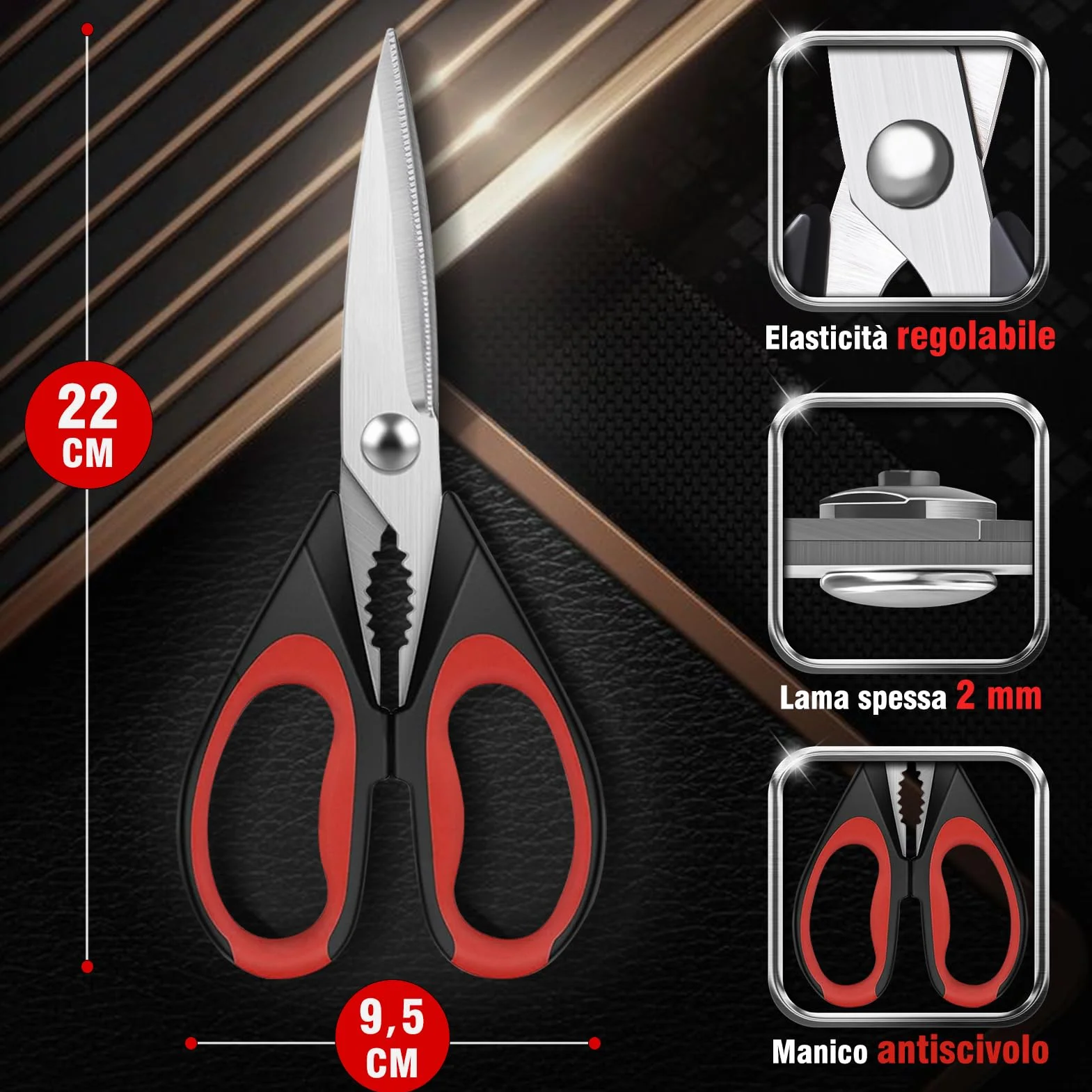 Forbici da cucina acciaio inox 22 cm, Forbici per la casa con bordo seghettato, Affilate multiuso forbici con coprilama e schiaccianoci, Forbici universali di alta qualità Lavabili in lavastoviglie