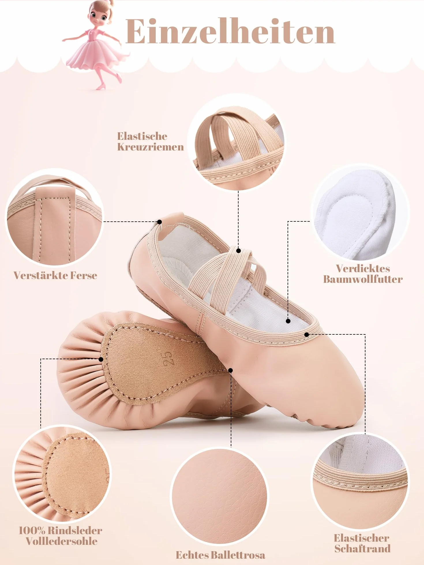 Scarpette Danza Classica Bambina Pelle Scarpe da Ballo Fodera Cotone Ispessito Ragazze Ballerina Cinghie Elastiche Incrociate