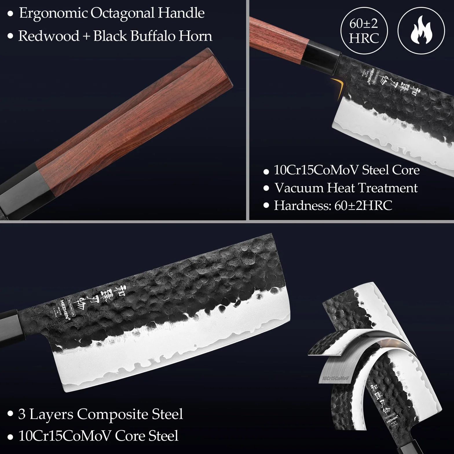HEZHEN Coltello Nakiri Giapponese Multiuso per Affettare Carne e Verdure, Manico Ergonomico Ottagonale in Legno di Sequoia