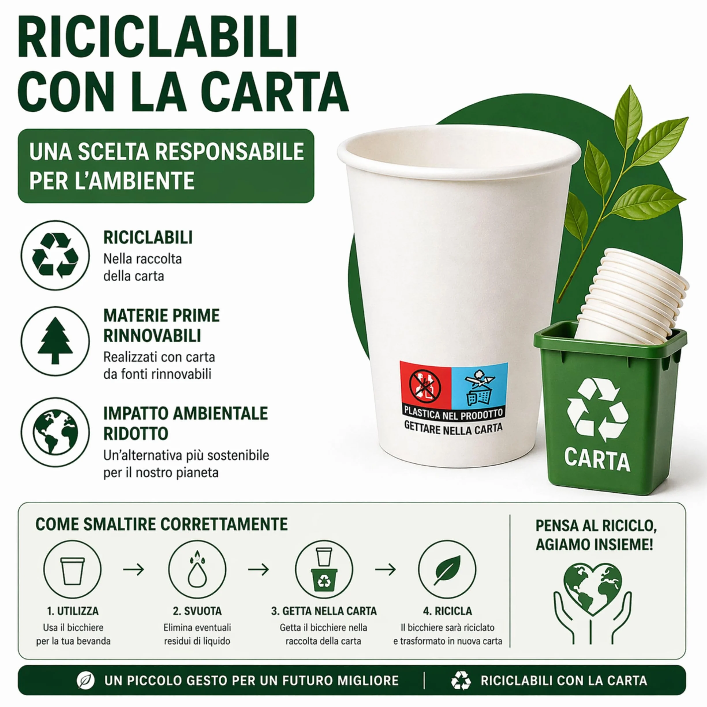 Bicchieri Carta 200 ml Monouso Bianchi MP ECO SOLUTION 1000 per Acqua e Bevande Calde Made in Italy