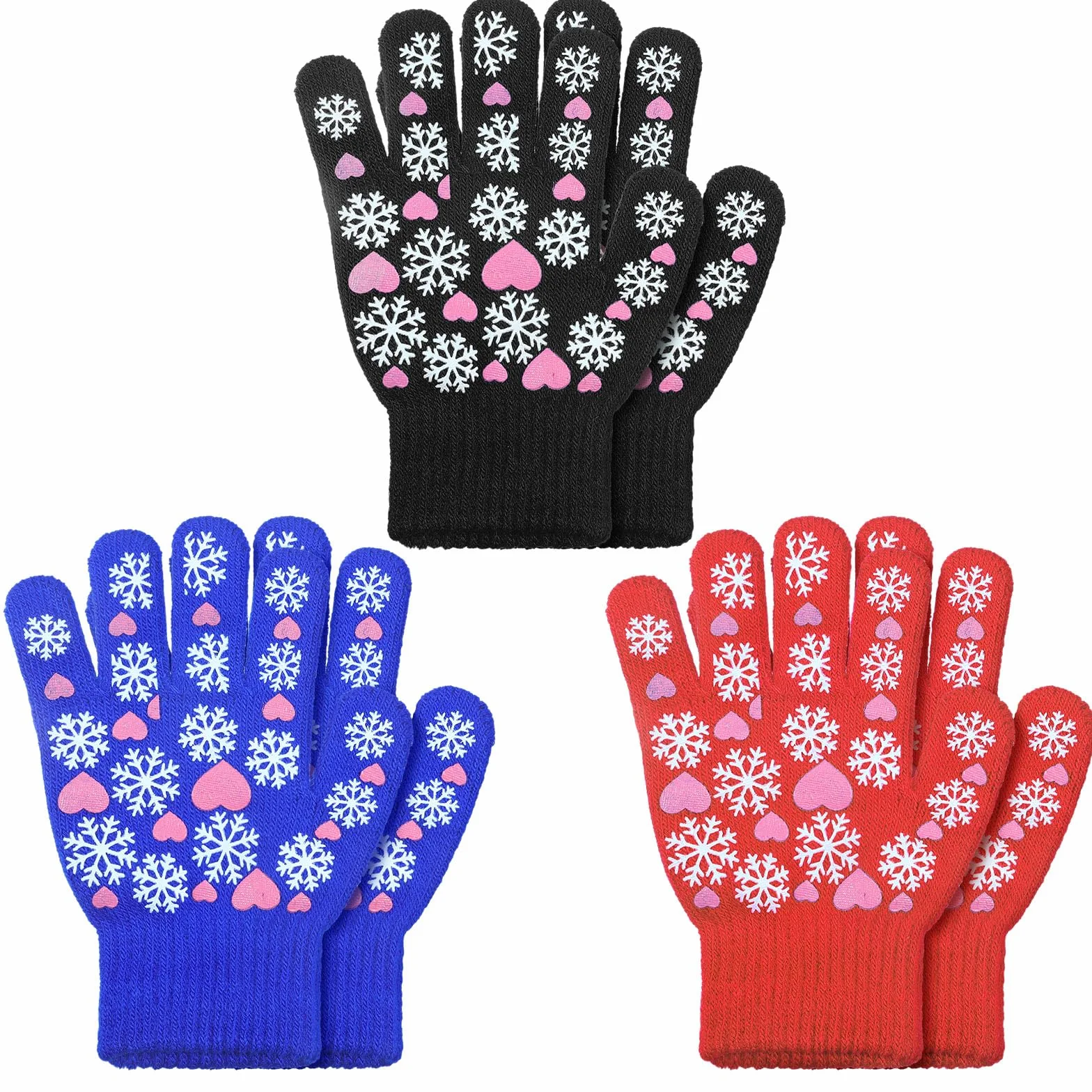 Geyoga 3 Paia Guanti Invernali in Maglia per Bambini 5-10 Anni Azzurro Cielo Nero Rosso